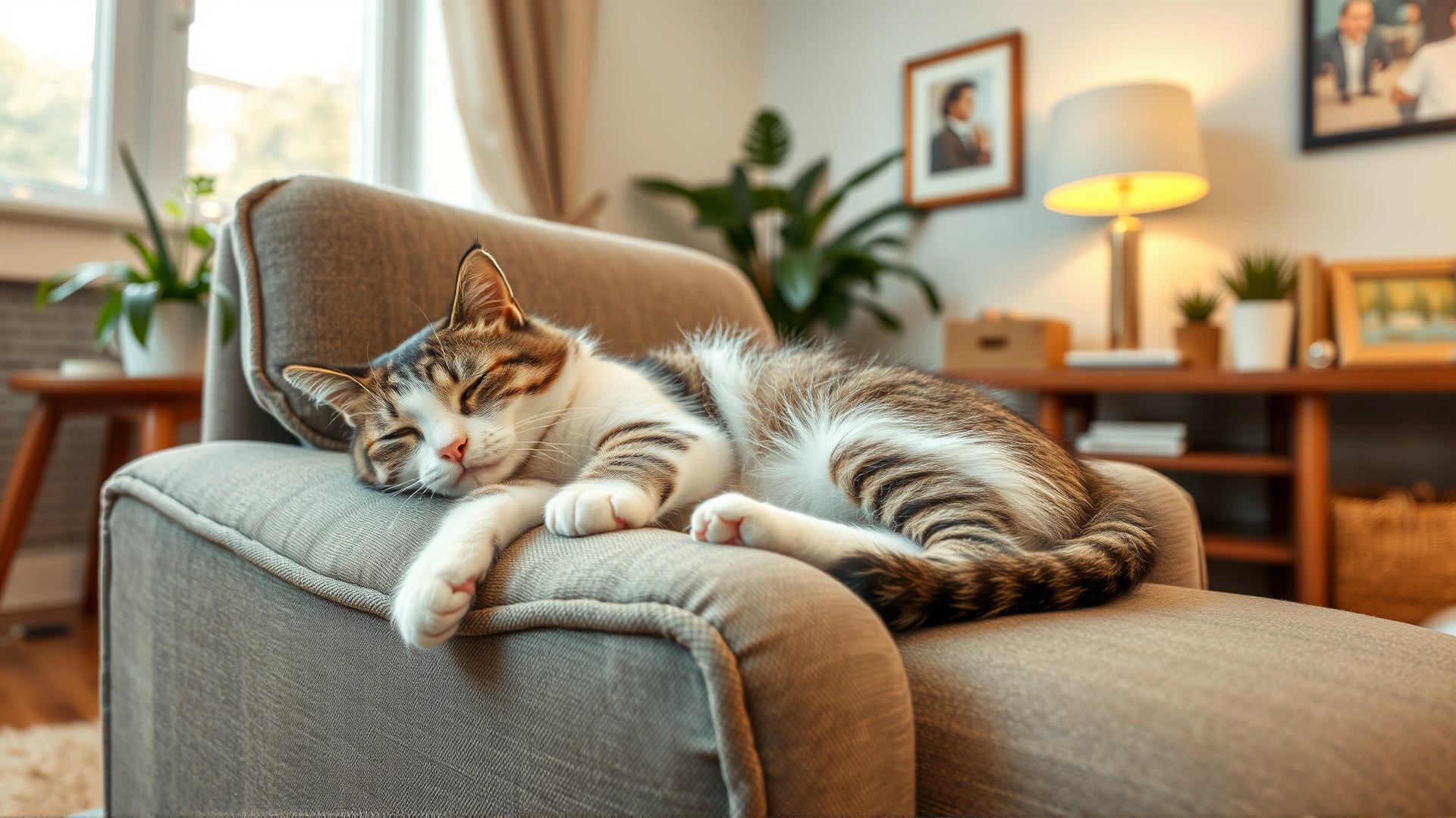 Wide shot of a living room with a cat sleeping on a cozy armchair, demonstrating everyday feline relaxation.