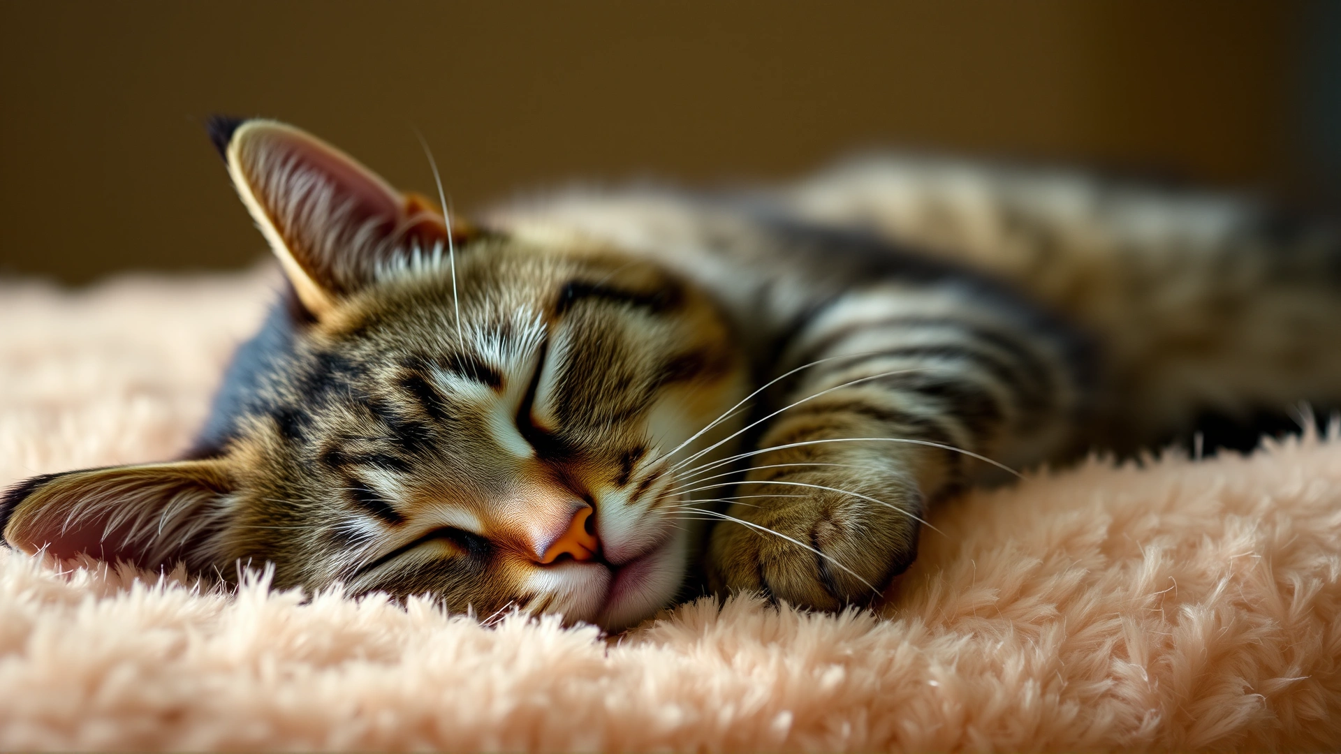 Close-up of a tabby cat peacefully sleeping on a fluffy pillow with warm ambient light