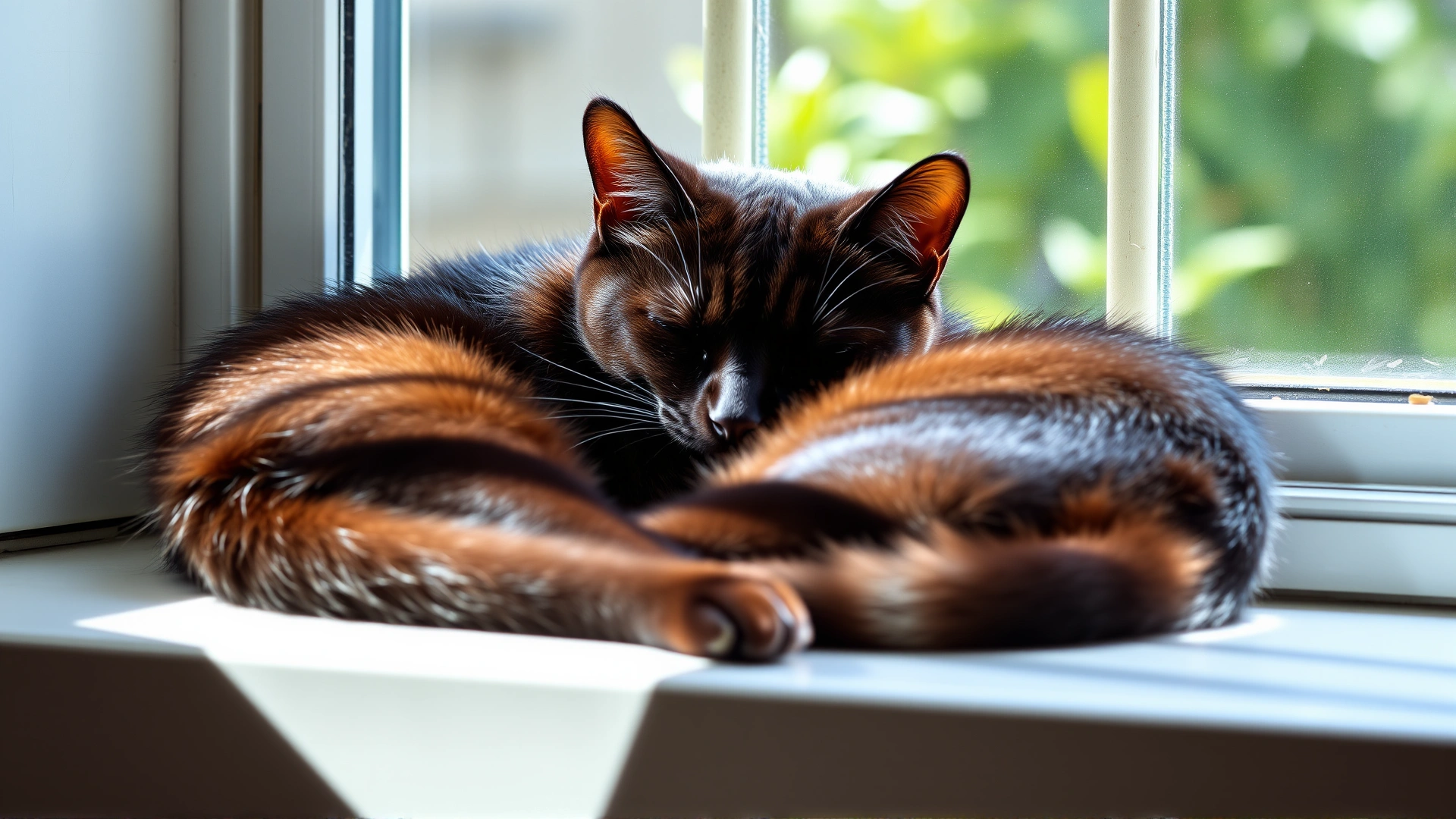 Bombay cat curled up asleep on a sunny windowsill, illustrating its relaxed nature.