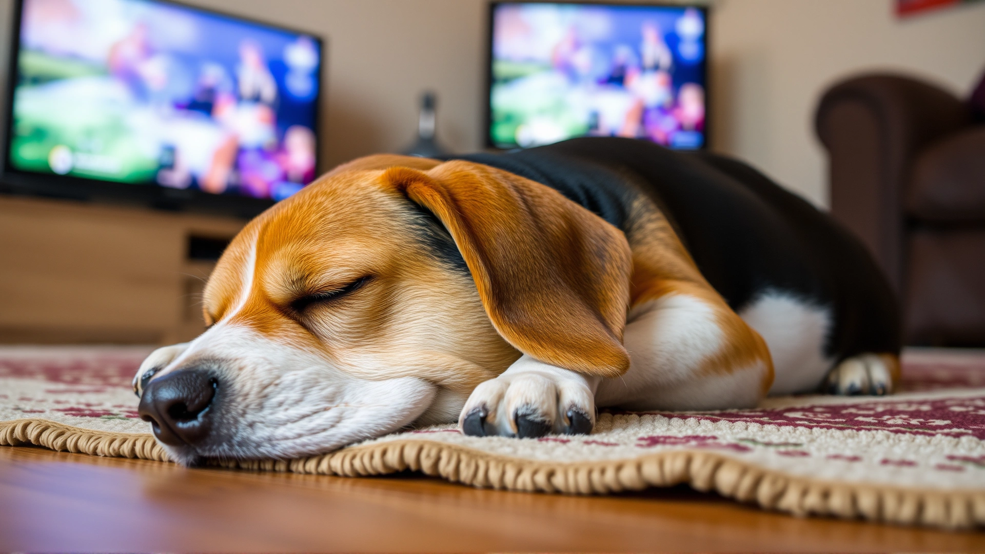 Older beagle sleeping peacefully on a rug while a softly lit TV plays in the background.