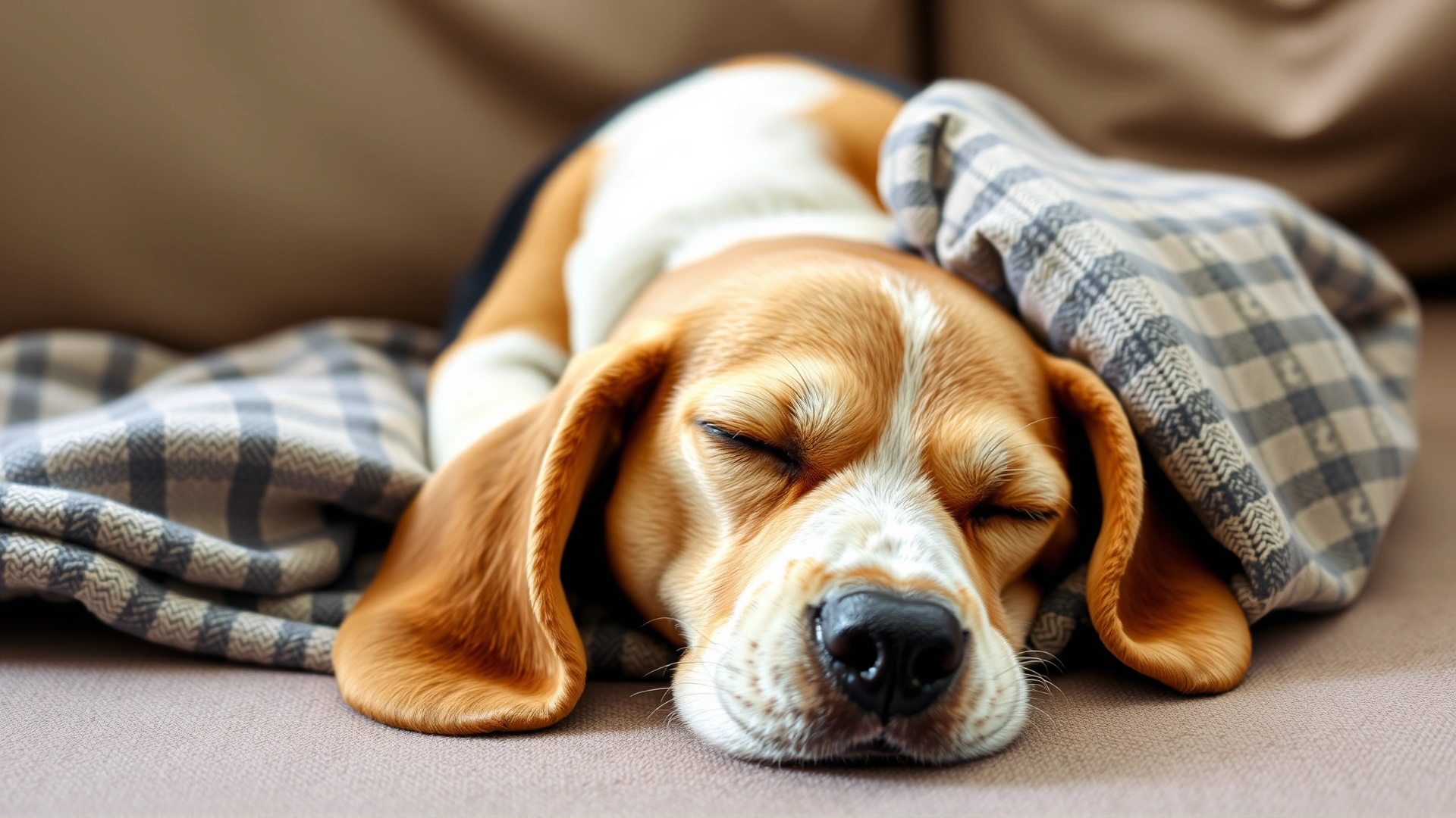 Medium shot of a beagle curled up asleep on a couch blanket