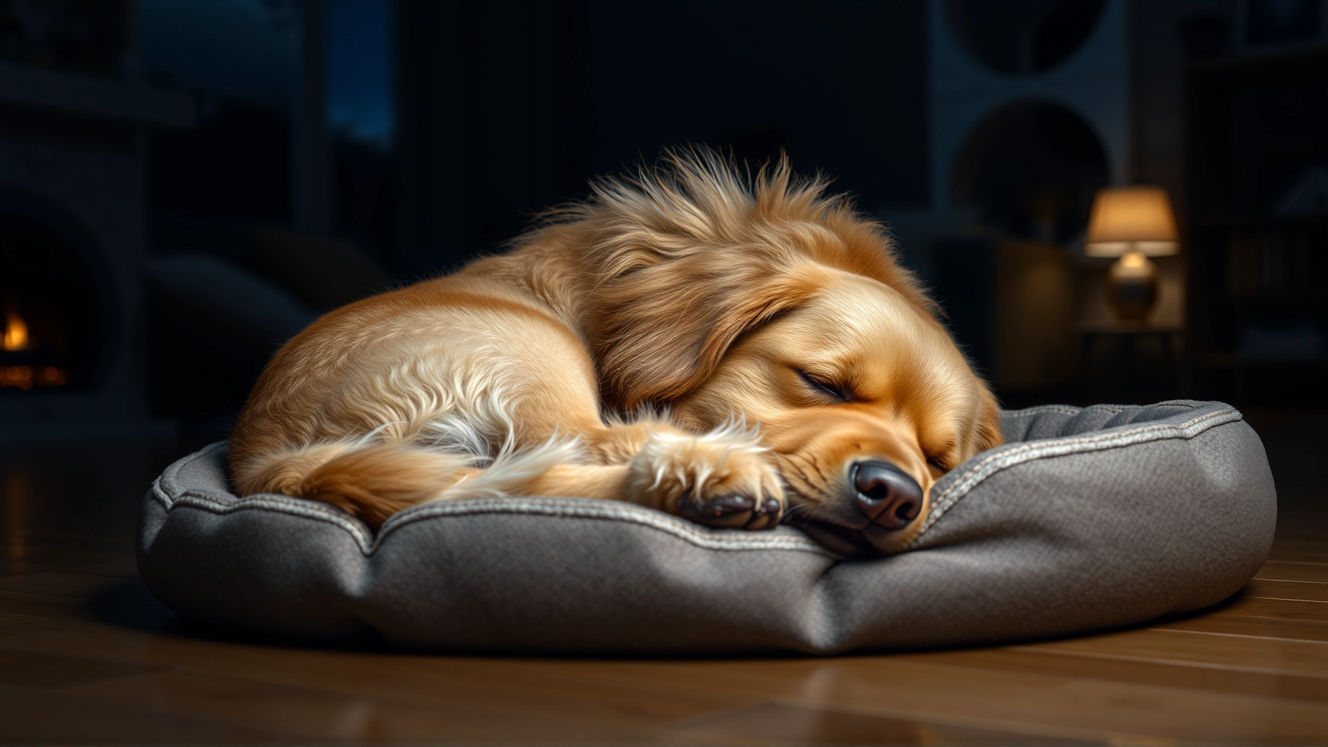 Senior golden retriever curled up and sleeping on a cozy dog bed in a dimly lit living room, nighttime atmosphere