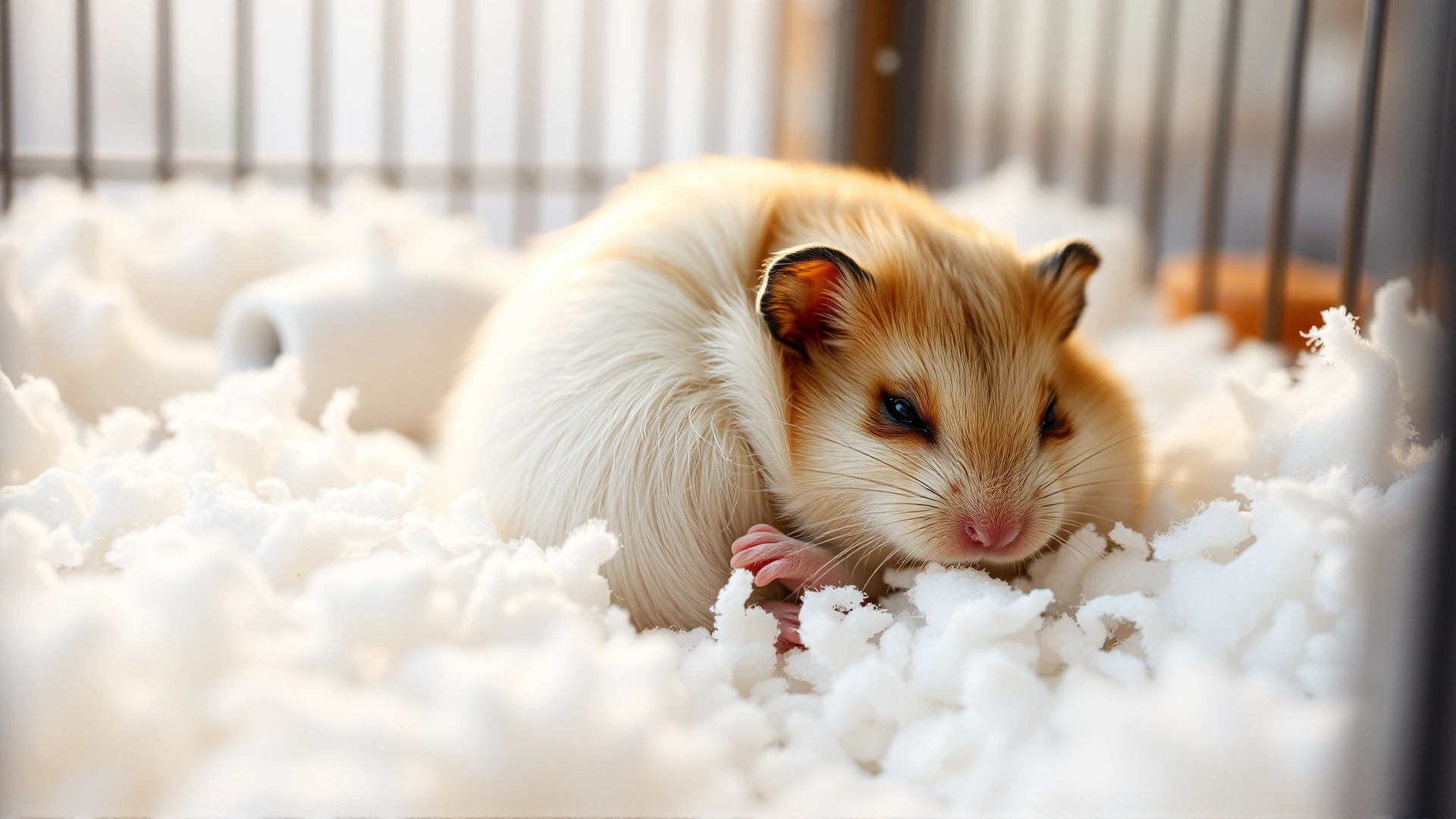 Close-up photo of a Syrian hamster curled into a ball while sleeping in thick white bedding inside a cage, cozy winter atmosphere.
