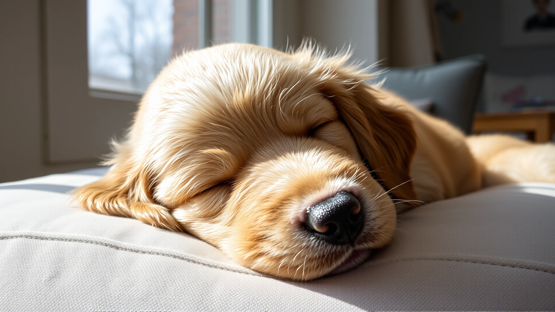 Close-up of a golden retriever puppy sleeping soundly on a cushion, window light casting gentle shadows, conveys peace and comfort