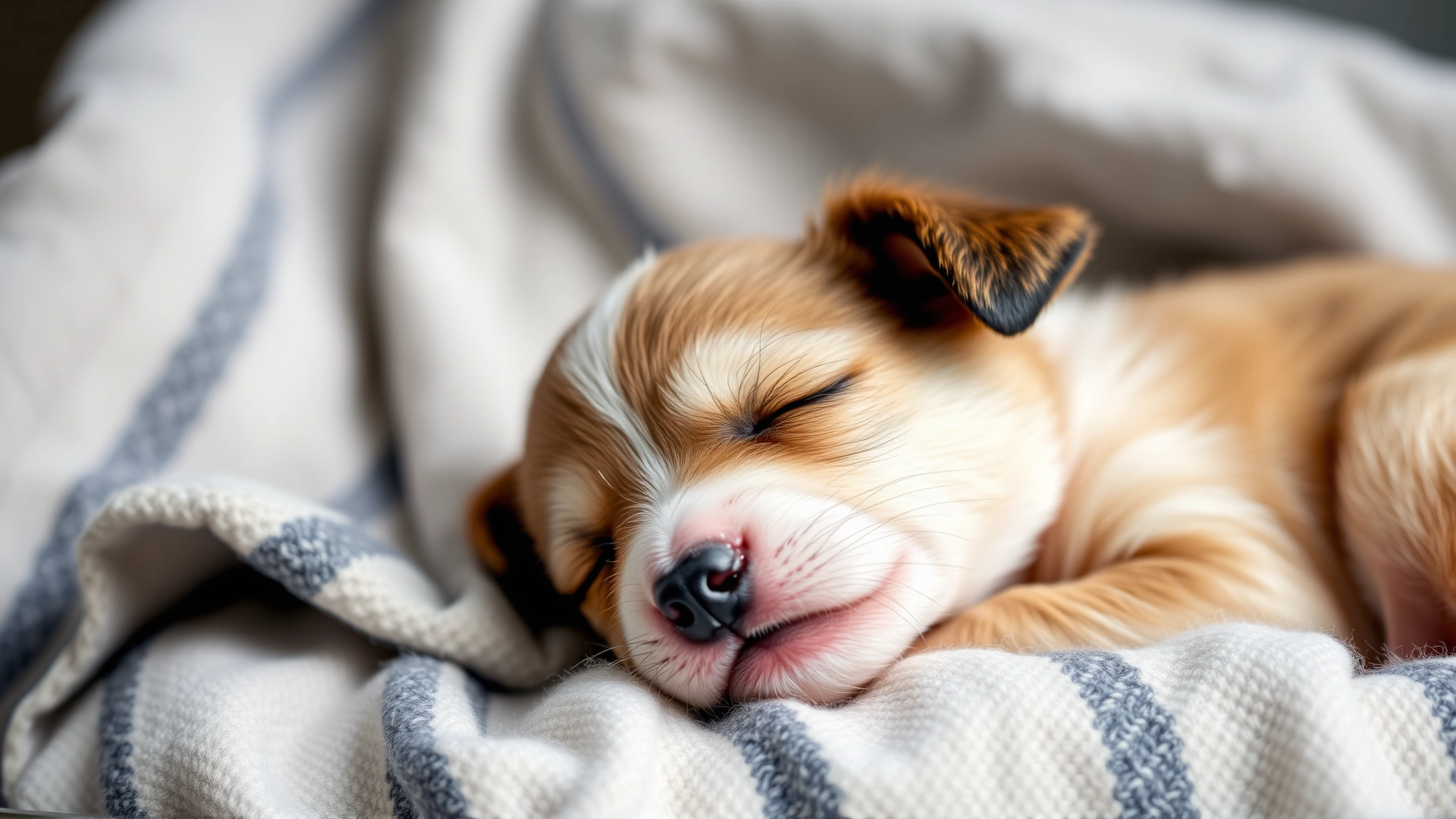 Cute puppy sleeping soundly on a blanket with a subtle smile, representing early life dreaming