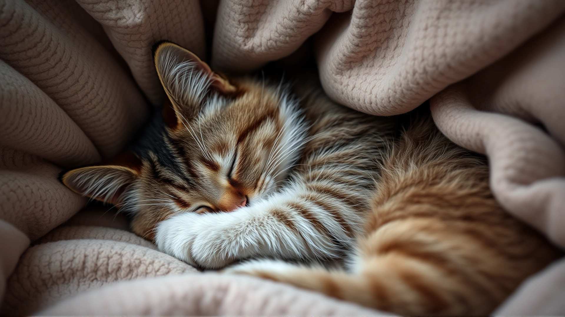A senior cat curled up sleeping in a cozy bed, illustrating lethargy and increased sleep.
