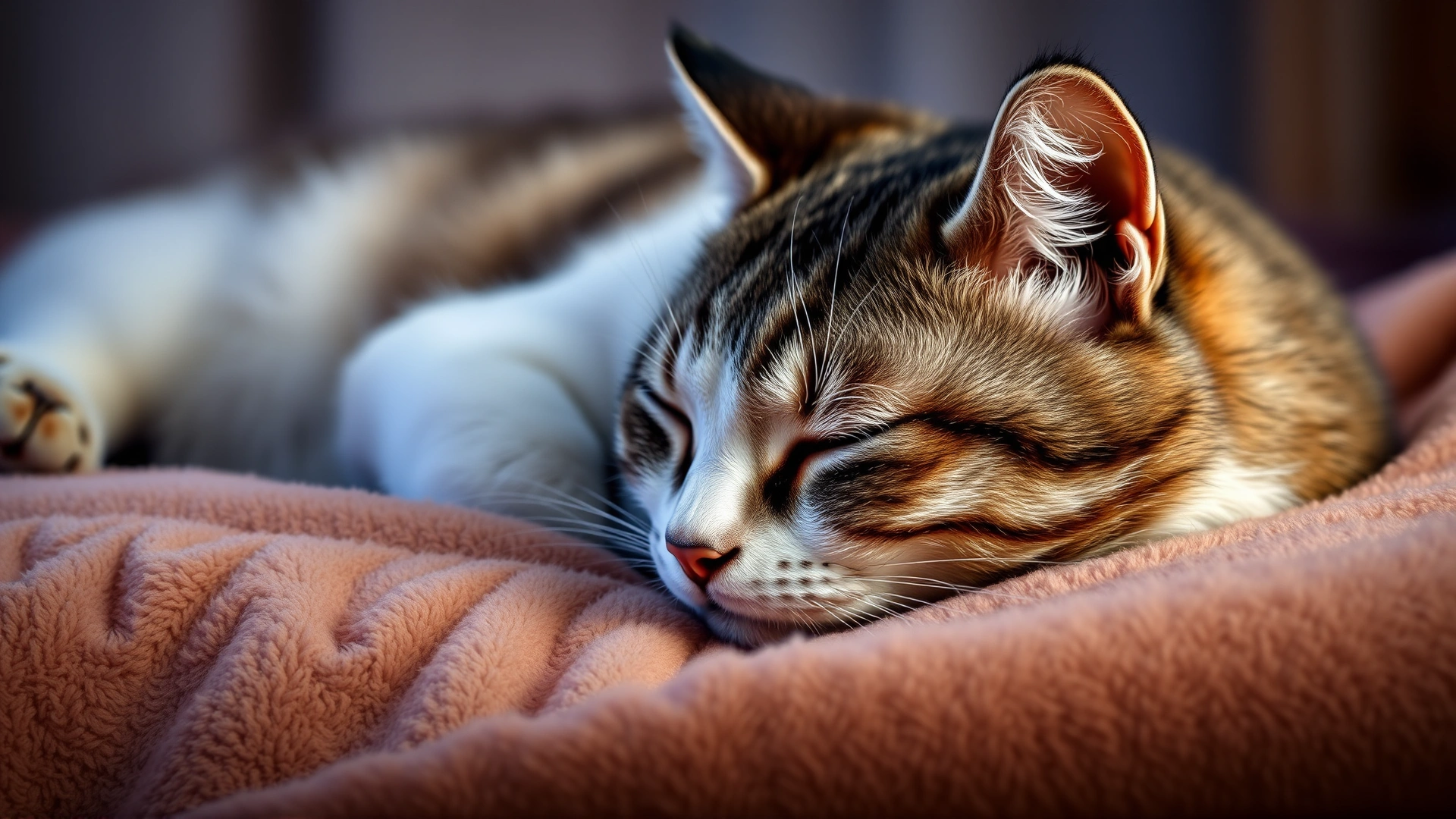 Tired domestic cat resting on a soft blanket, eyes half-closed, illustrating drowsiness.