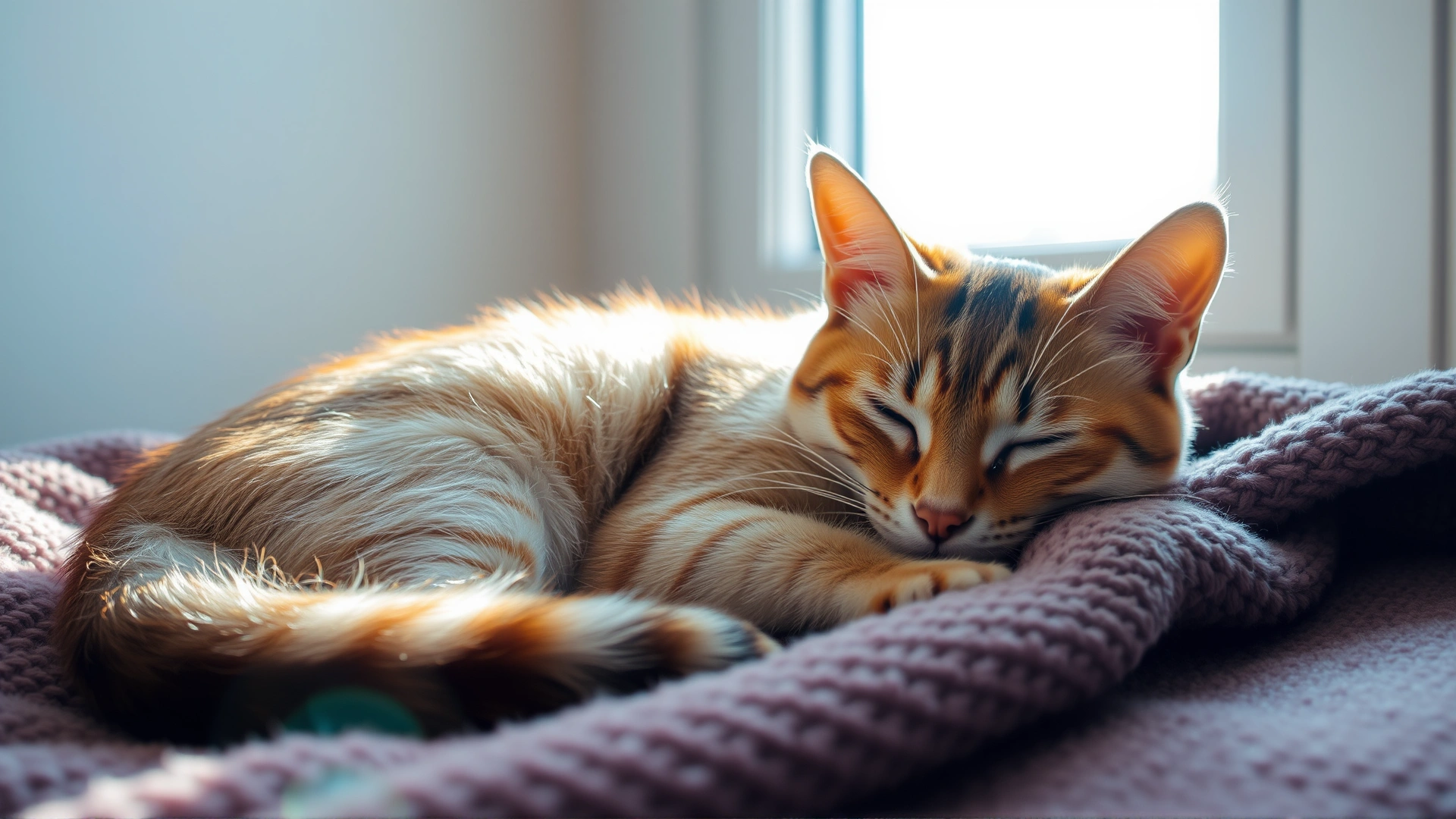 A sleepy domestic short-haired cat curled up on a warm blanket near a sunlit window, soft focus, cozy atmosphere.