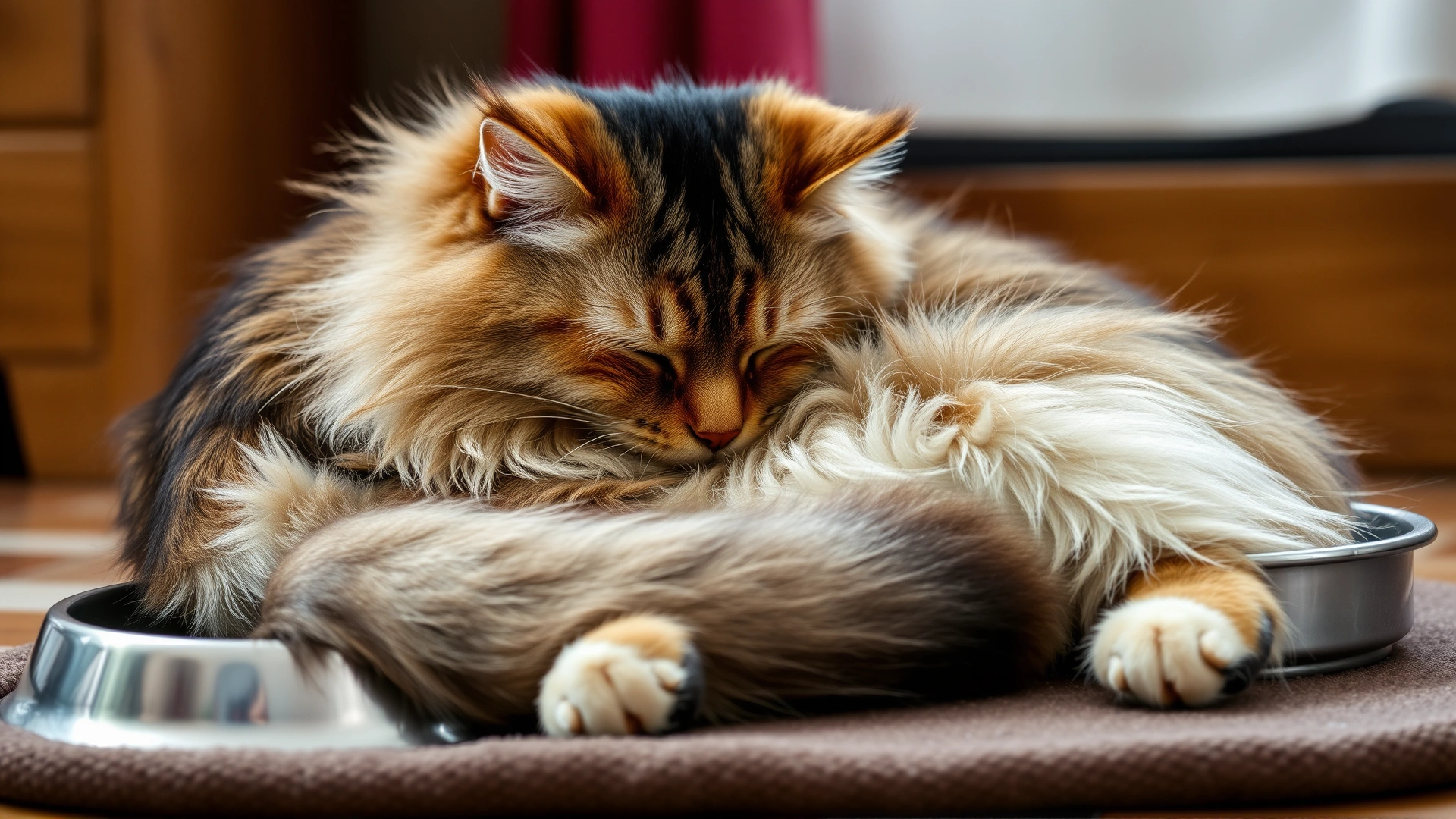 Overweight long-haired cat curled up and sleeping next to a food bowl, showing dull coat texture, indoor environment.