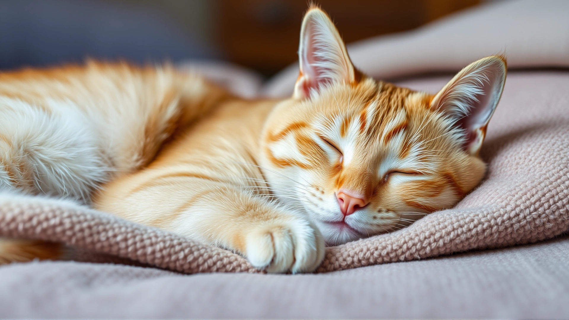 Domestic short-haired orange cat resting comfortably on a soft blanket, eyes half-closed, looking relaxed after medication.