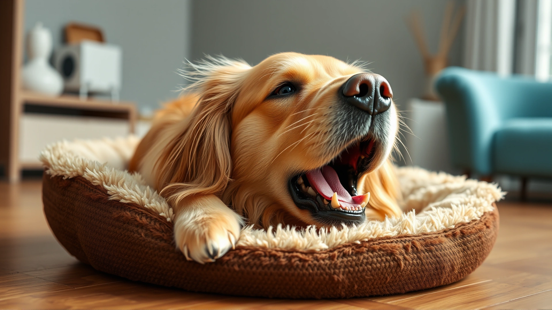 Close-up of a golden retriever yawning while lying on a fluffy dog bed