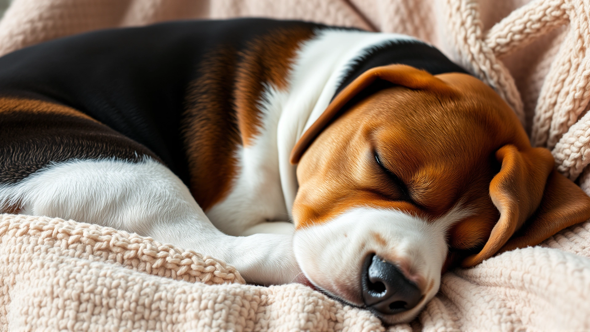 A sleepy beagle curled up comfortably on a soft blanket, illustrating the sedative effect of medication.