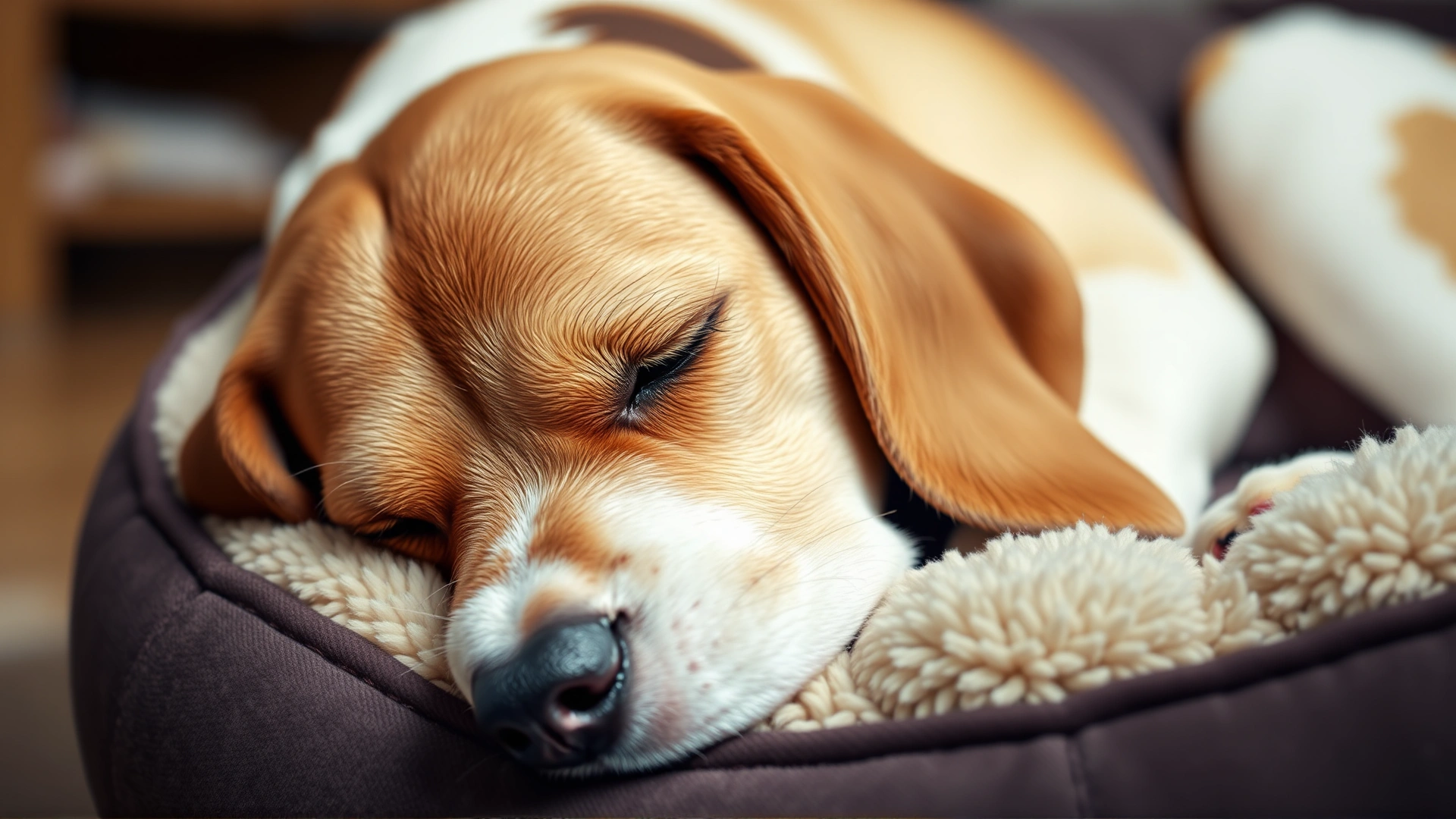 Close-up of a tired looking Beagle lying on a cozy dog bed, eyes half closed