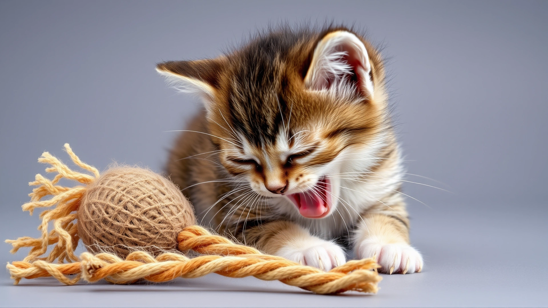 Young kitten (about 6 weeks old) yawning and ignoring a catnip toy beside it.