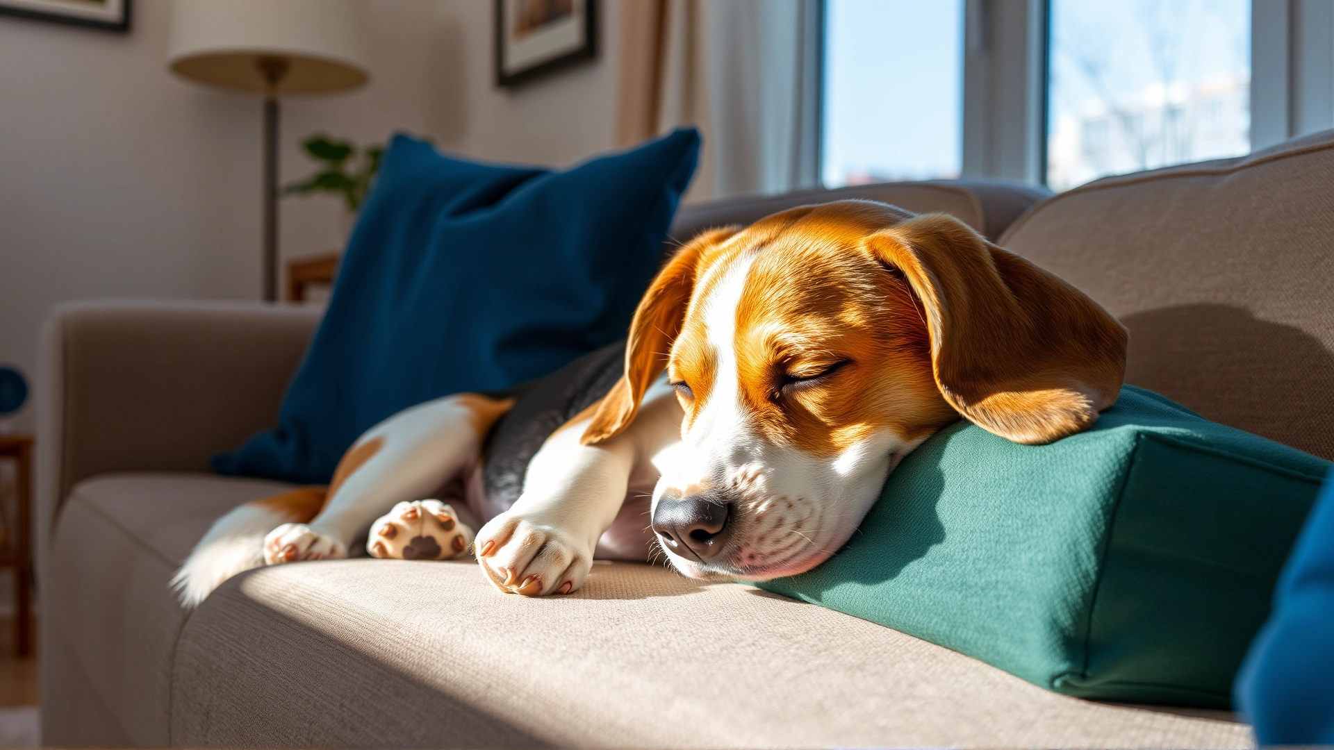 A beagle napping comfortably on a couch in a sunlit living room, representing drowsiness side effect.