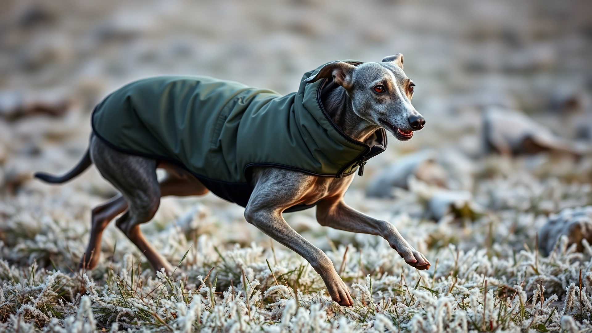 Italian Greyhound running through frost-covered grass while wearing an insulated dog jacket