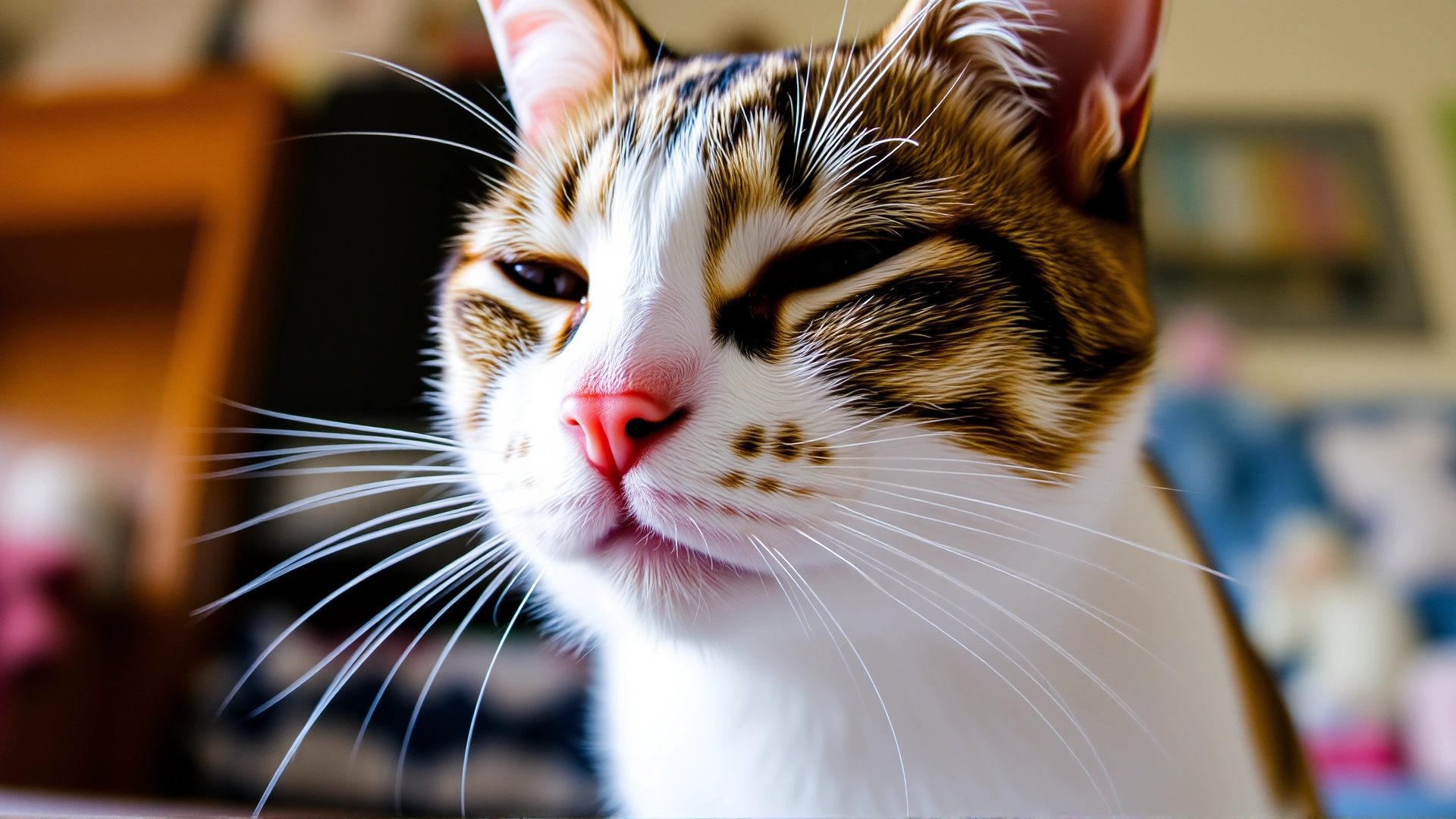 Close-up of a cat slowly blinking at the camera, cozy indoor environment, warm light