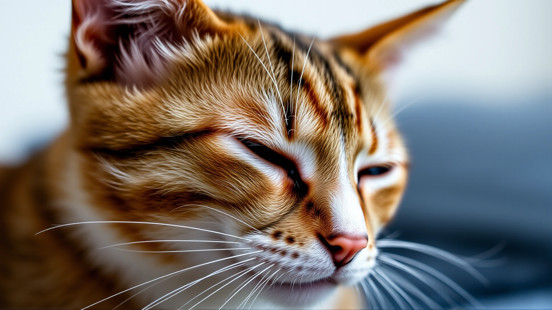 Domestic cat captured mid slow-blink, eyes half-closed, intimate close-up, shallow depth of field.