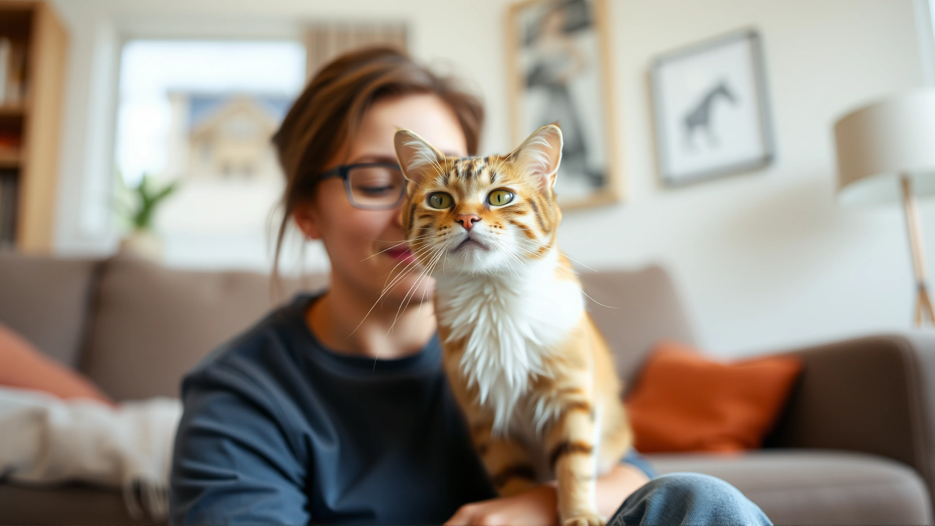 Candid photo of a person sitting at eye level with their cat in a living room, both performing a slow blink, natural daylight