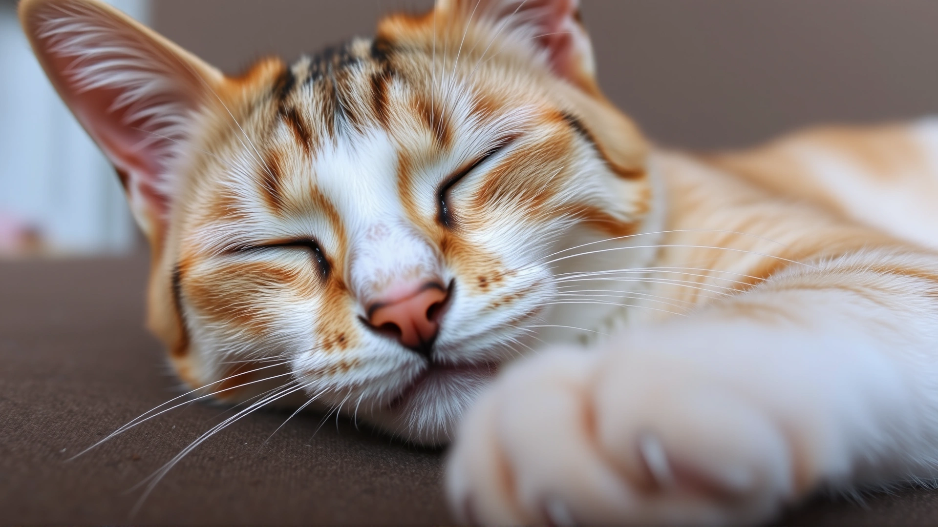 Close-up of a relaxed cat half-closing its eyes in a slow blink while lying on a couch.