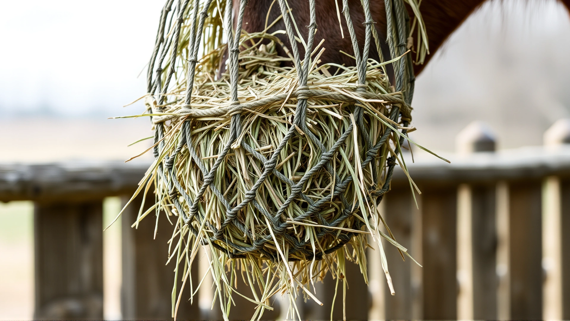 Close-up of a hay net slow feeder filled with soaked hay hanging at horse chest height, wooden fence background, no text.