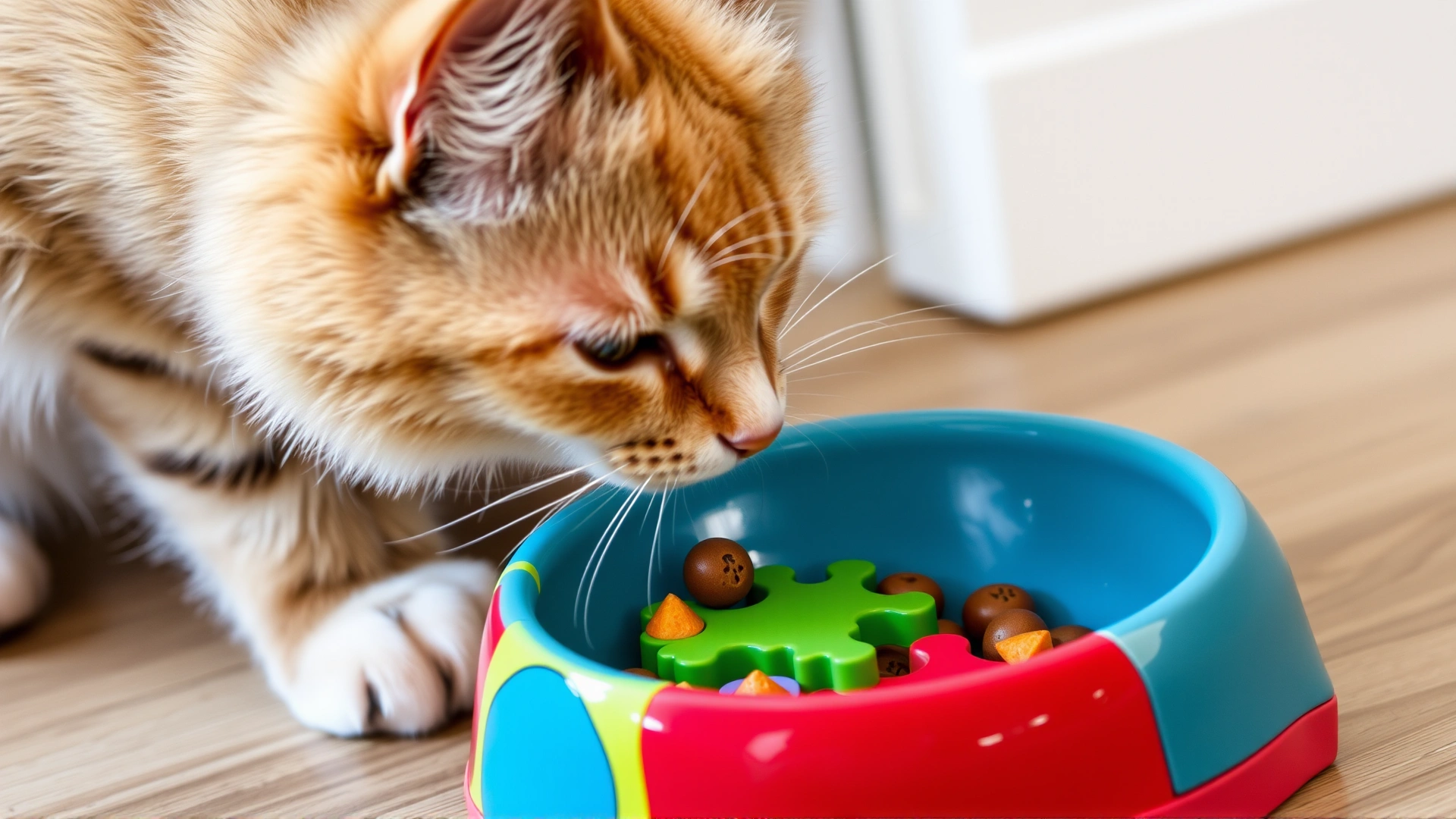 Cat eating slowly from a colorful puzzle feeder bowl designed to reduce rapid eating