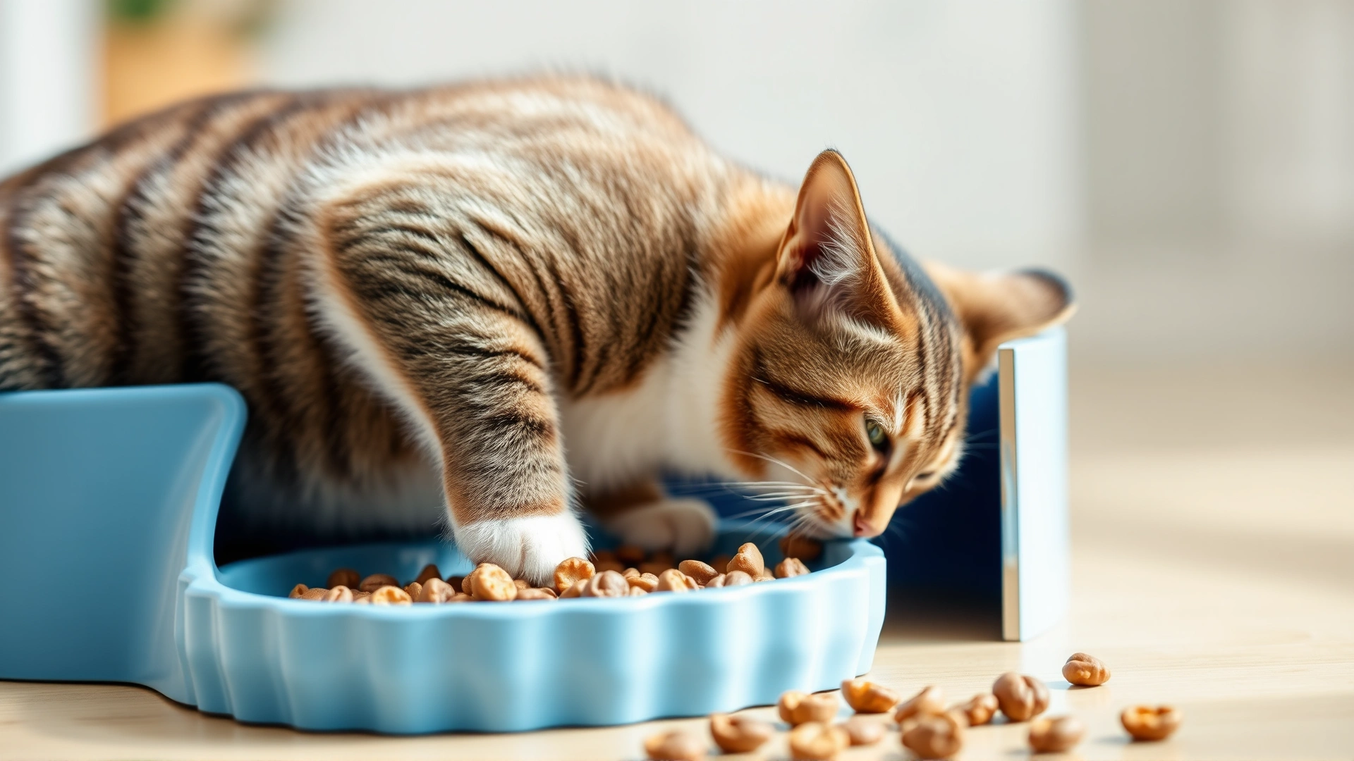 Side view of a tabby cat eating kibble from a blue slow-feeder bowl shaped with ridges, bright indoor lighting