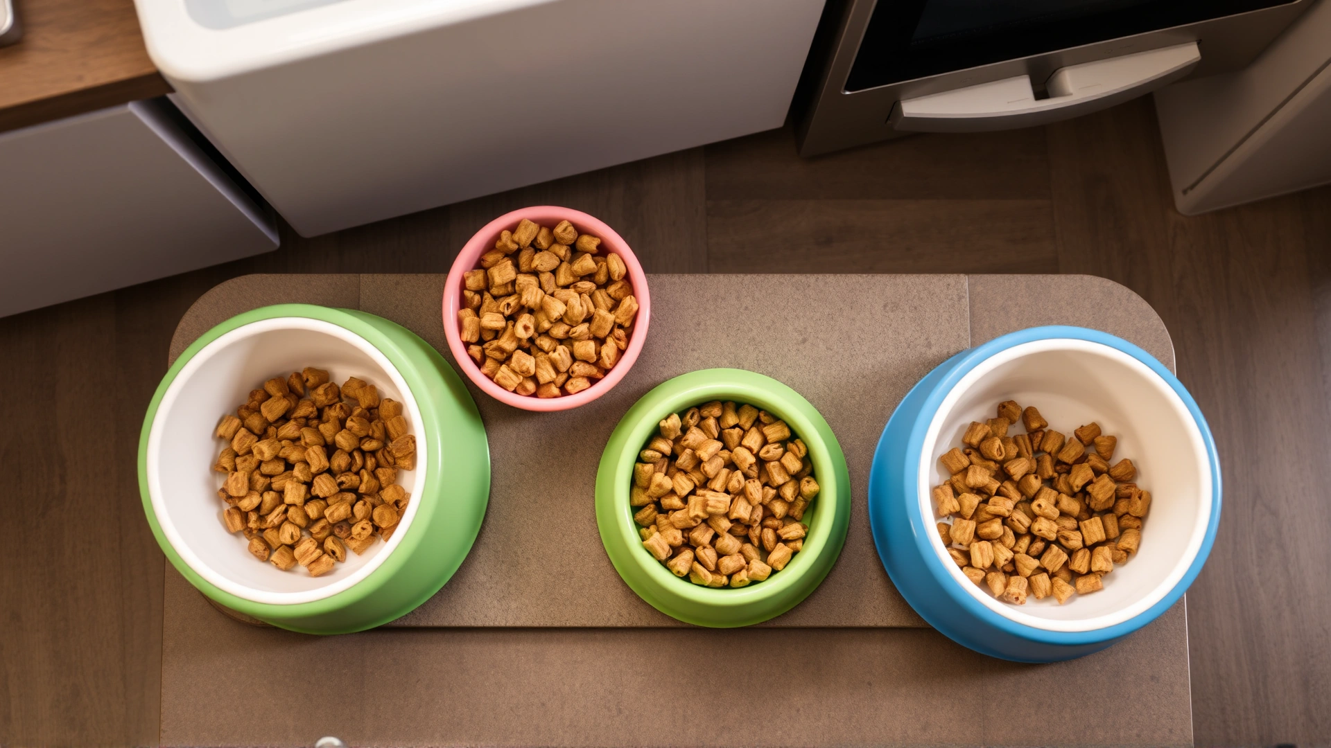 Top-down view of colorful slow-feeder bowls filled with kibble on a kitchen countertop