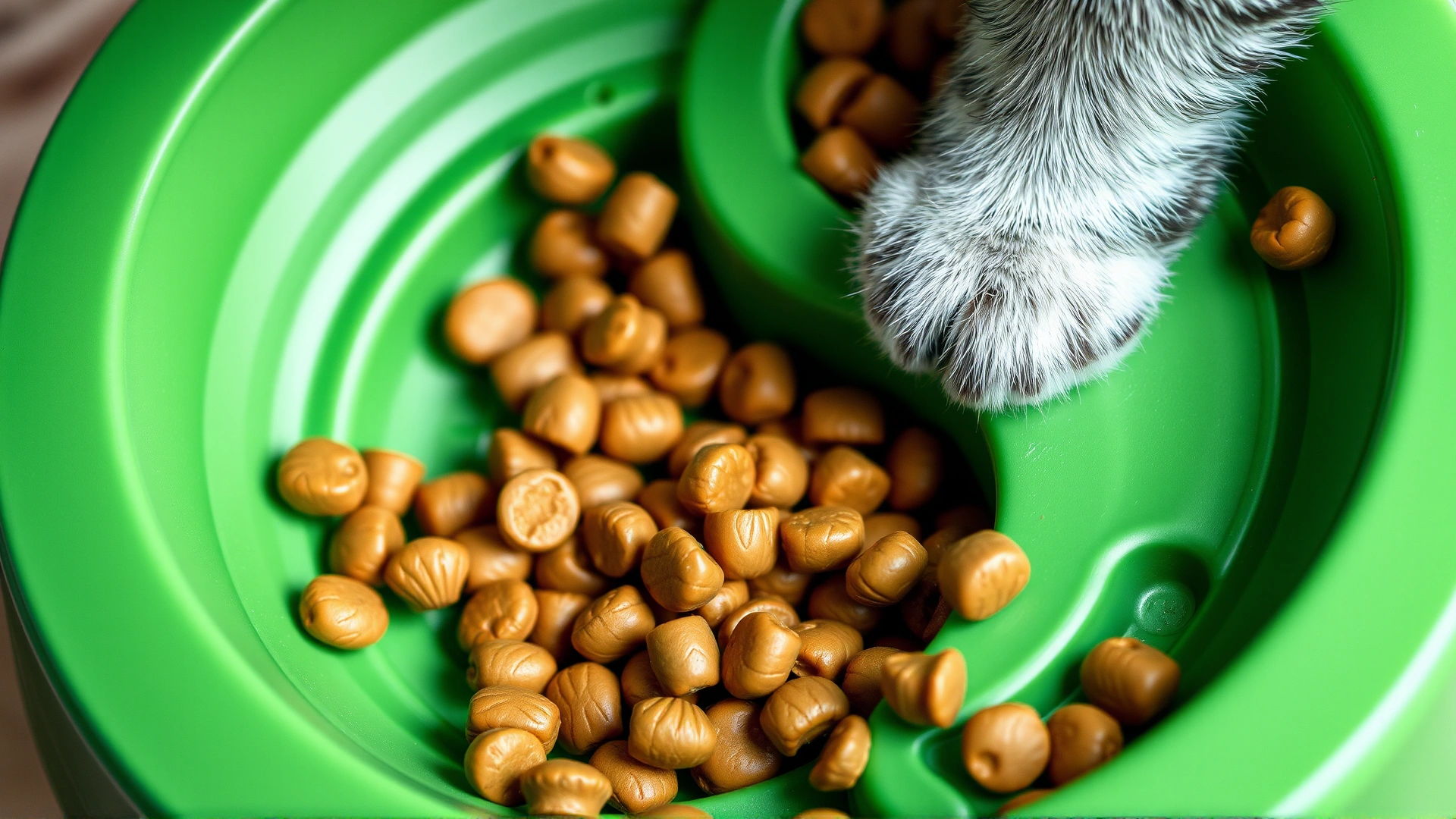Close-up view of a green puzzle slow feeder bowl filled with dry cat food kibbles, showing ridges and labyrinth design