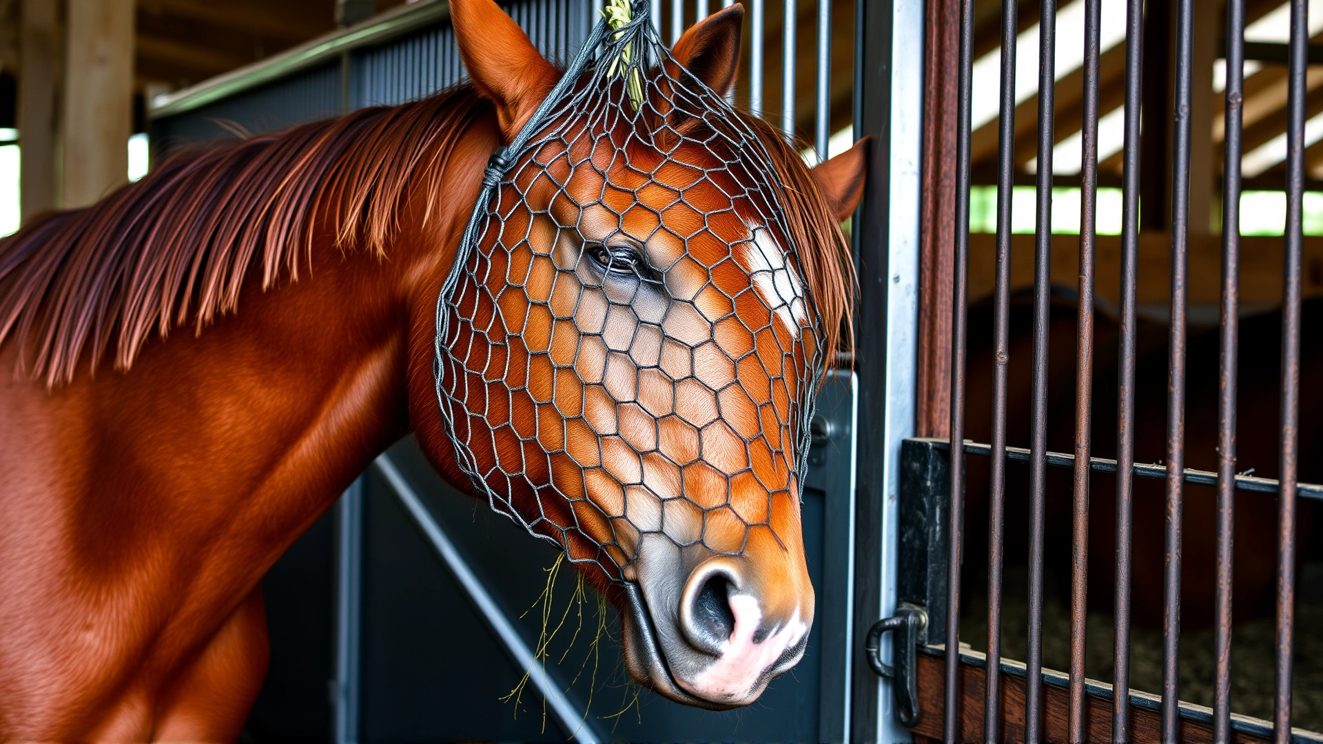 Chestnut horse eating hay from a slow-feed hay net hanging on the stall wall; focus on the net and the gradual feeding concept