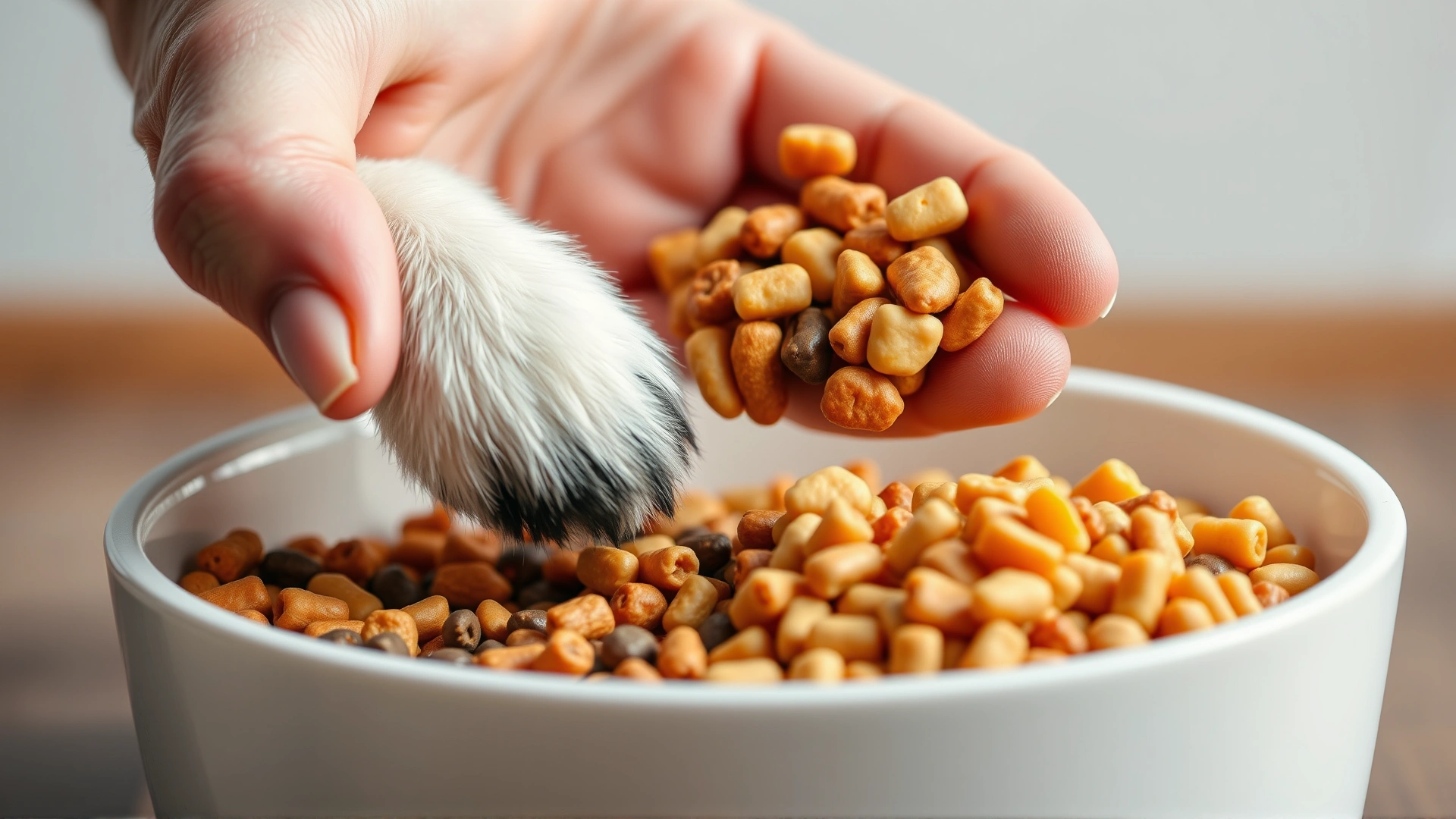 Close-up of a hand mixing two different kinds of kibble in a dog bowl to illustrate gradual food transition.