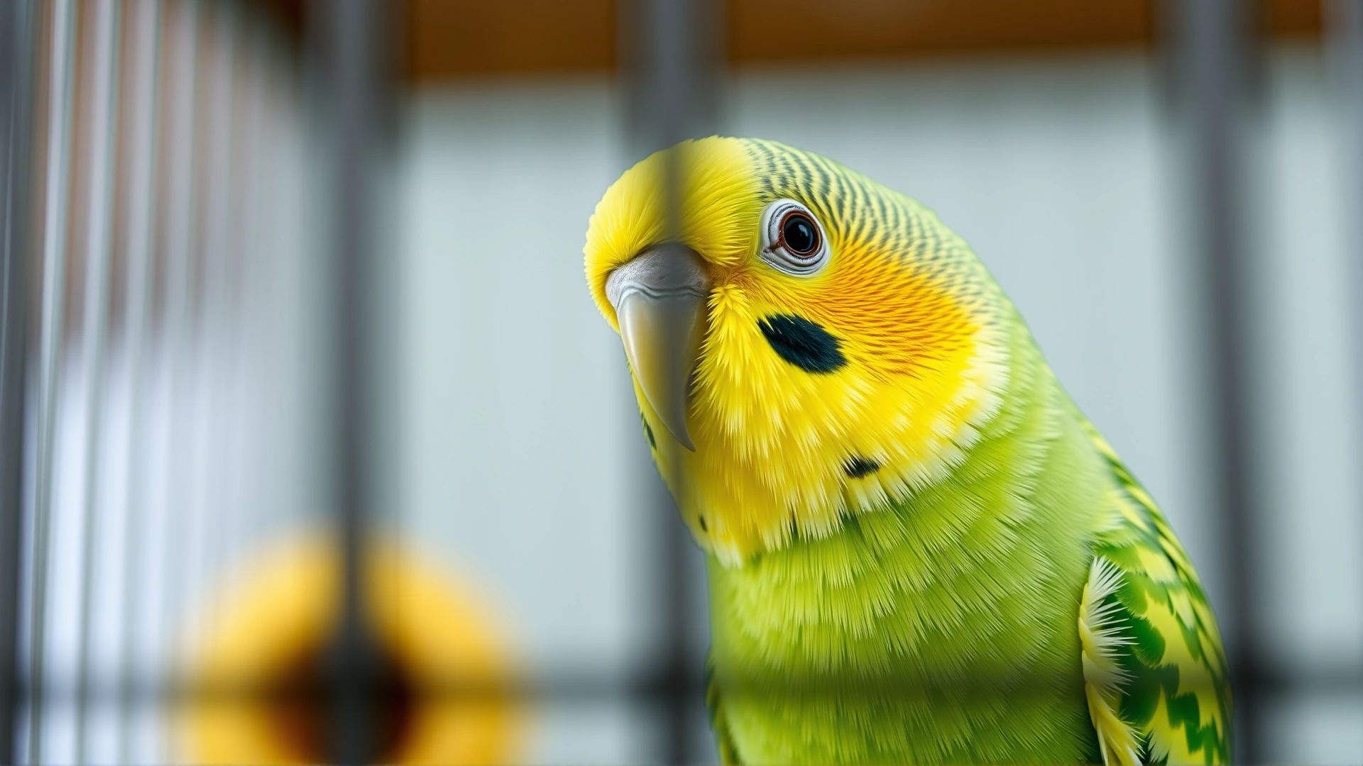 Close-up portrait of a cheerful budgie (parakeet) with vibrant green and yellow feathers inside a cozy indoor cage, shallow depth of field, no text