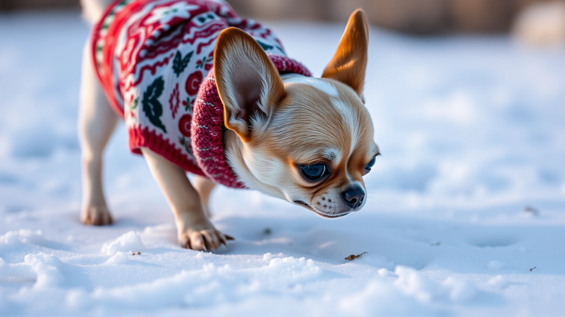 Close-up of a Chihuahua in a colorful winter sweater stepping cautiously on snowy ground