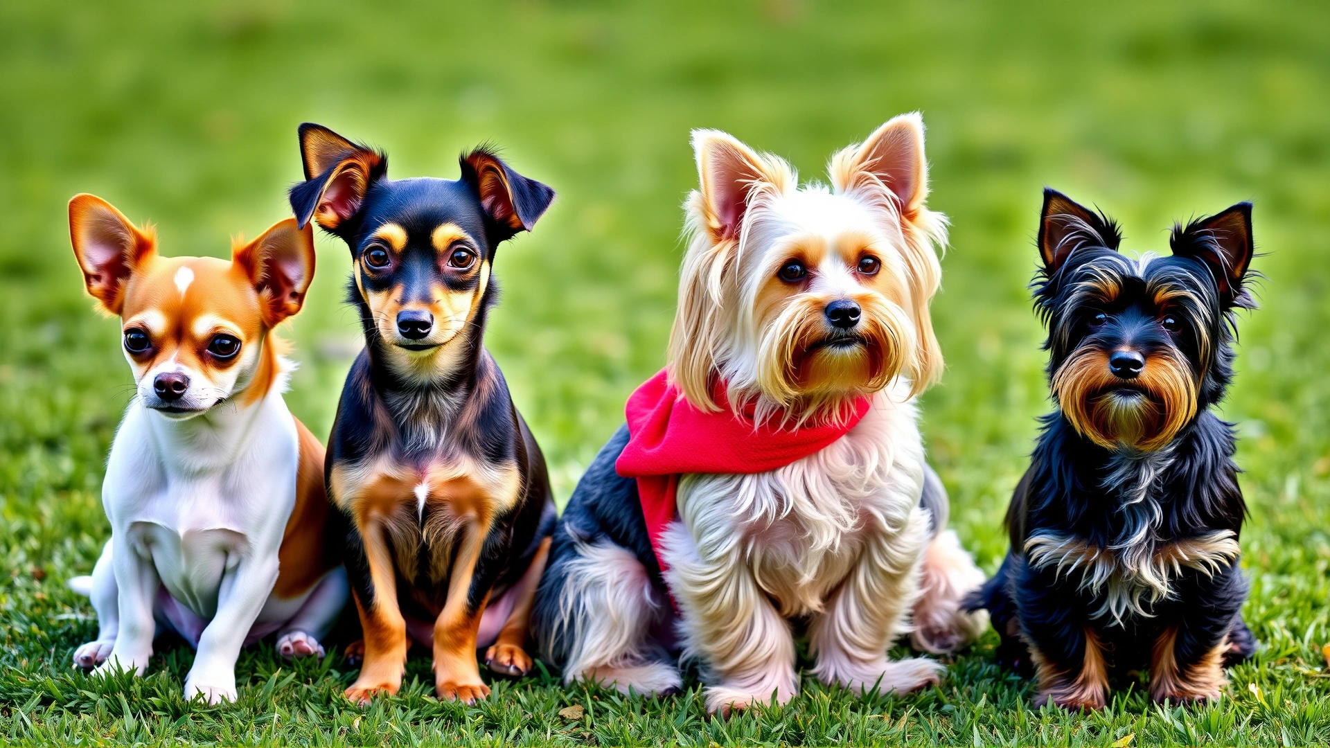 Group of small dog breeds (Chihuahua, Dachshund, Maltese, Mini Schnauzer) sitting together outdoors on green grass.