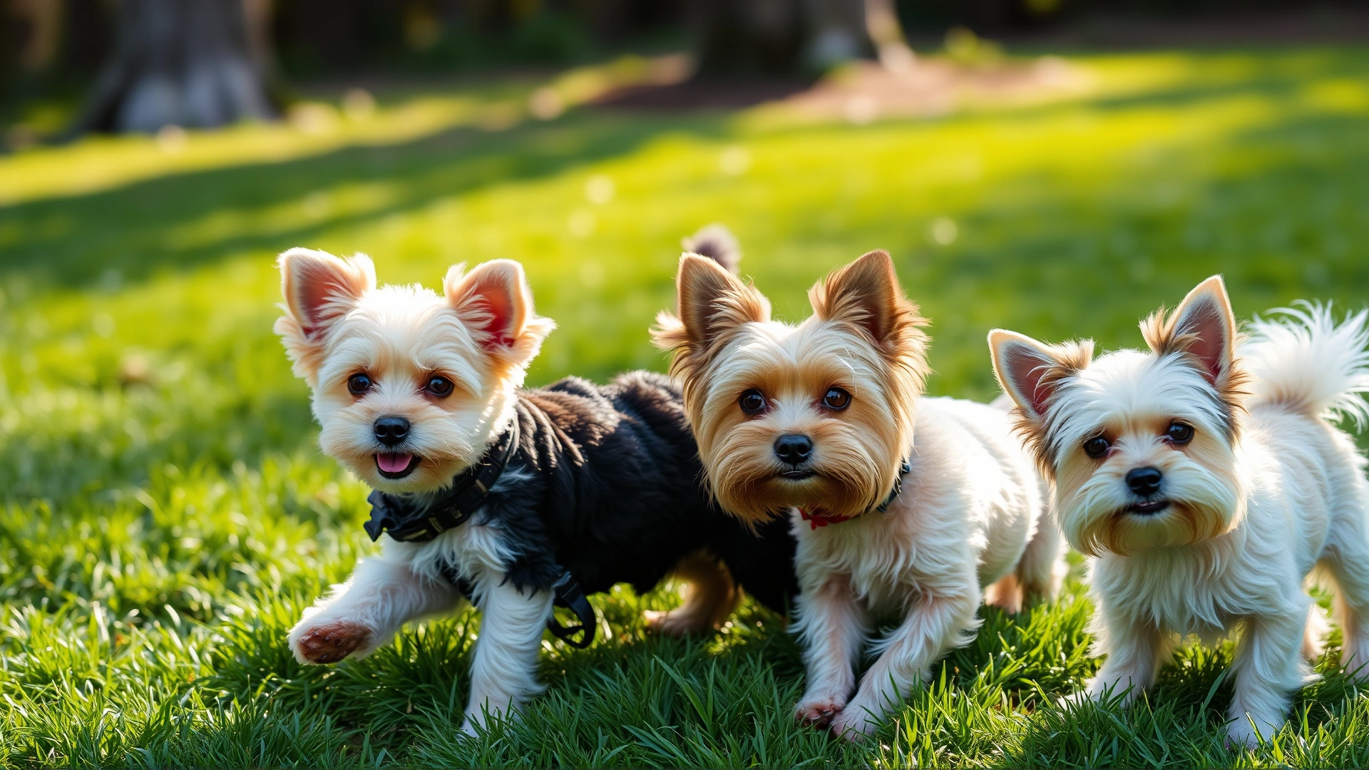 Outdoor scene of several small hypoallergenic breeds—Toy Poodle, Maltese, and Yorkshire Terrier—playing together on green grass under soft sunlight.