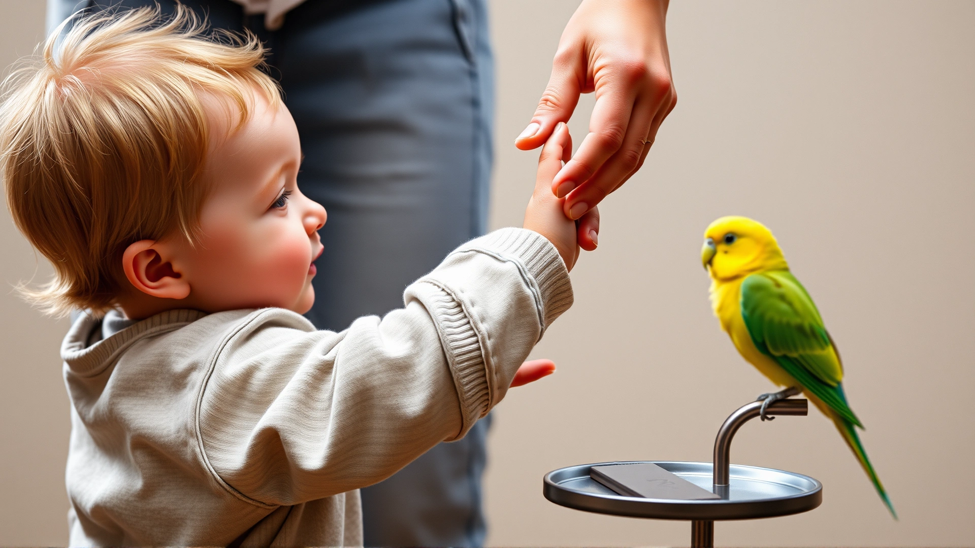 Curious toddler reaching toward a parakeet perched on a stand while a parent gently holds the child's hand back, emphasizing the fragility of birds around young kids.