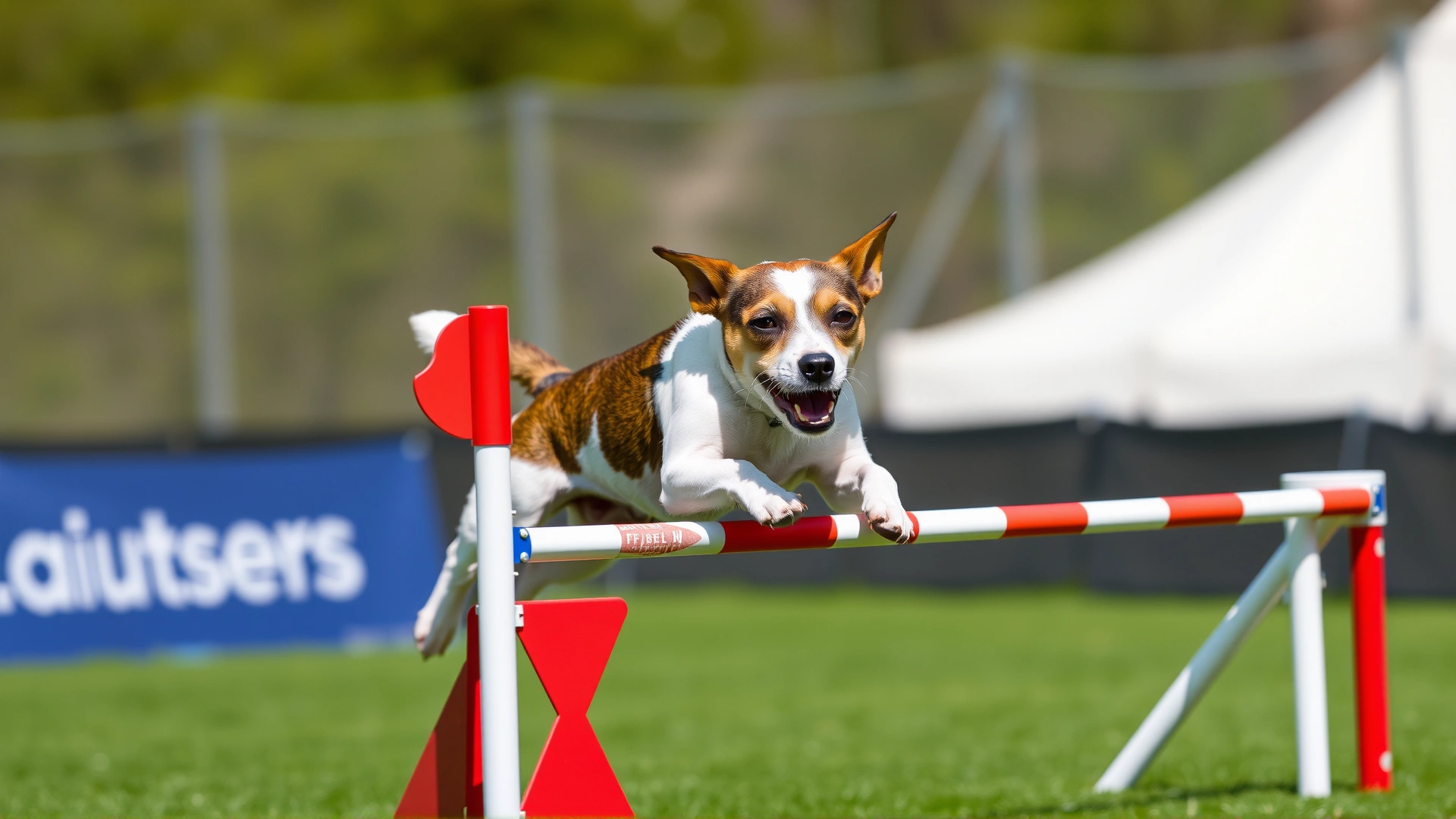 Small Jack Russell Terrier clearing a low hurdle on a flyball track, demonstrating that small breeds can compete too, bright daylight