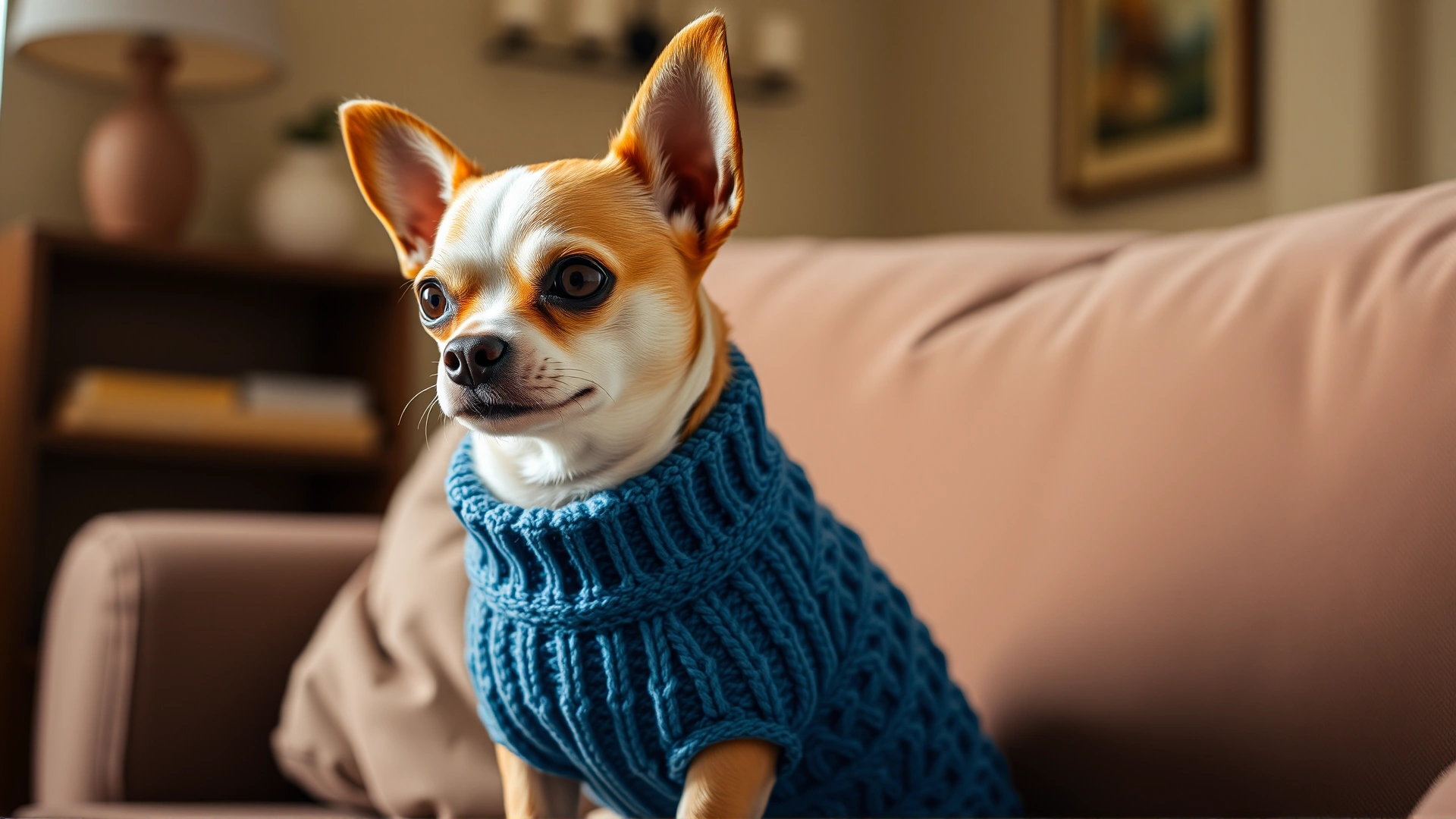 Indoor scene of a Chihuahua sitting on a couch wearing a blue handmade knitted sweater, warm ambient lighting