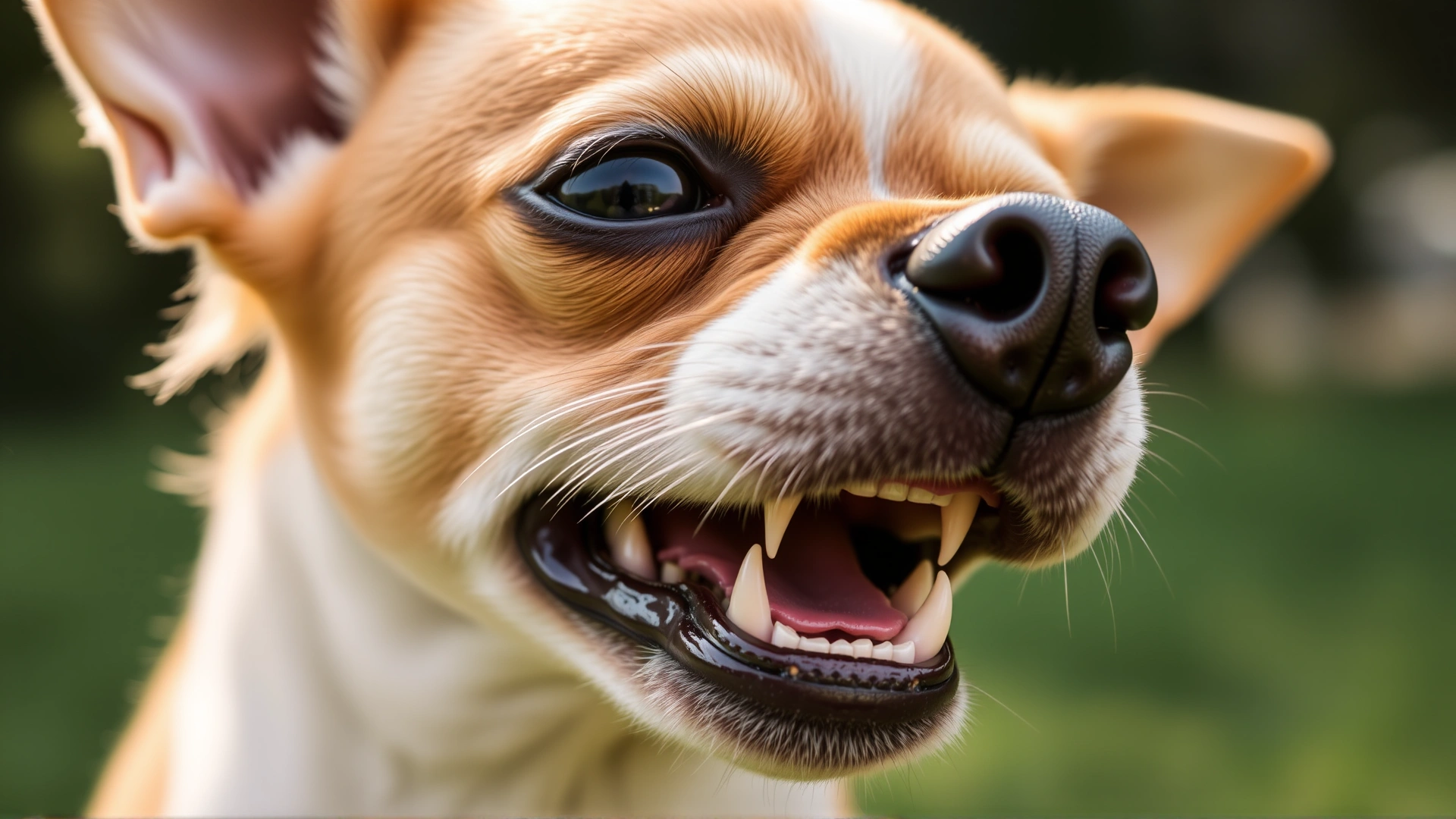 Close-up of a small dog (e.g., Chihuahua) snarling or showing teeth, captured outdoors in soft natural light