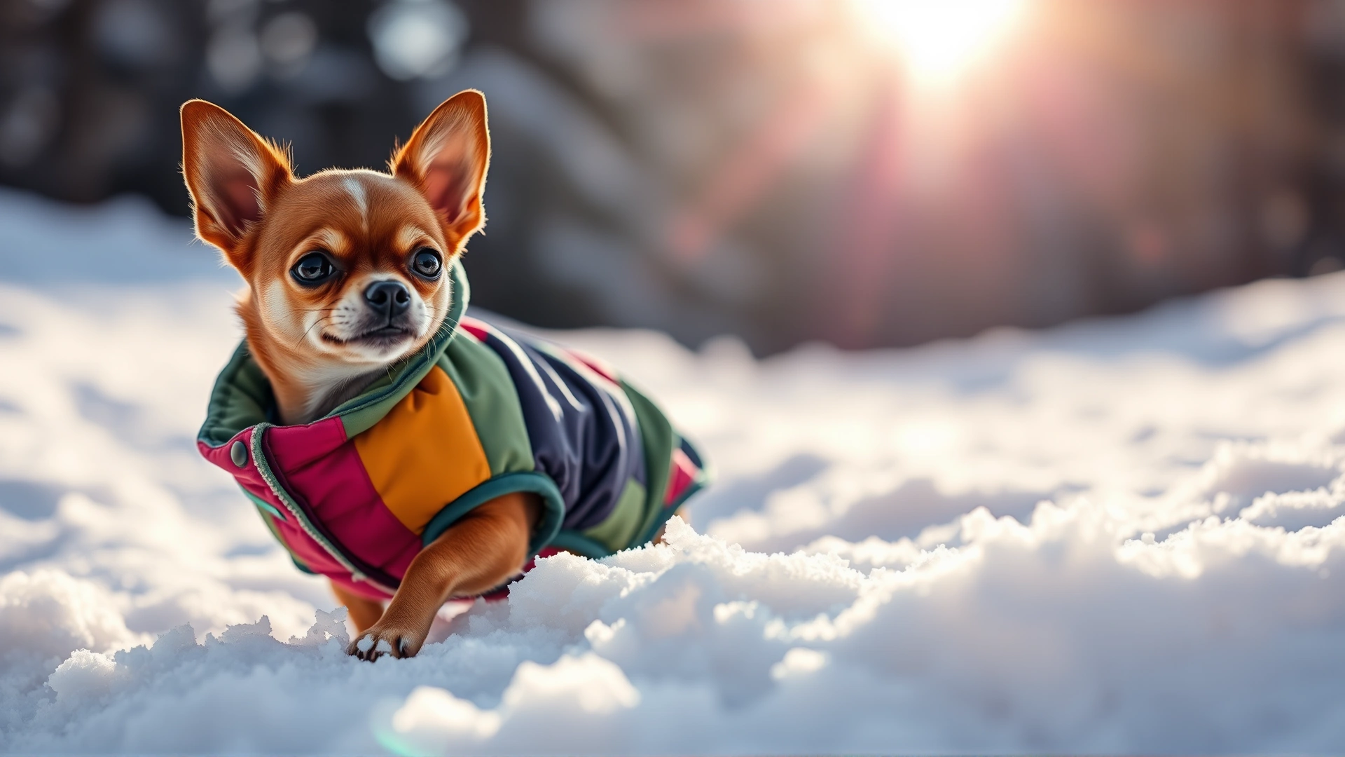 Tiny Chihuahua wearing a colorful padded dog coat while playing in fresh snow; natural daylight, candid.