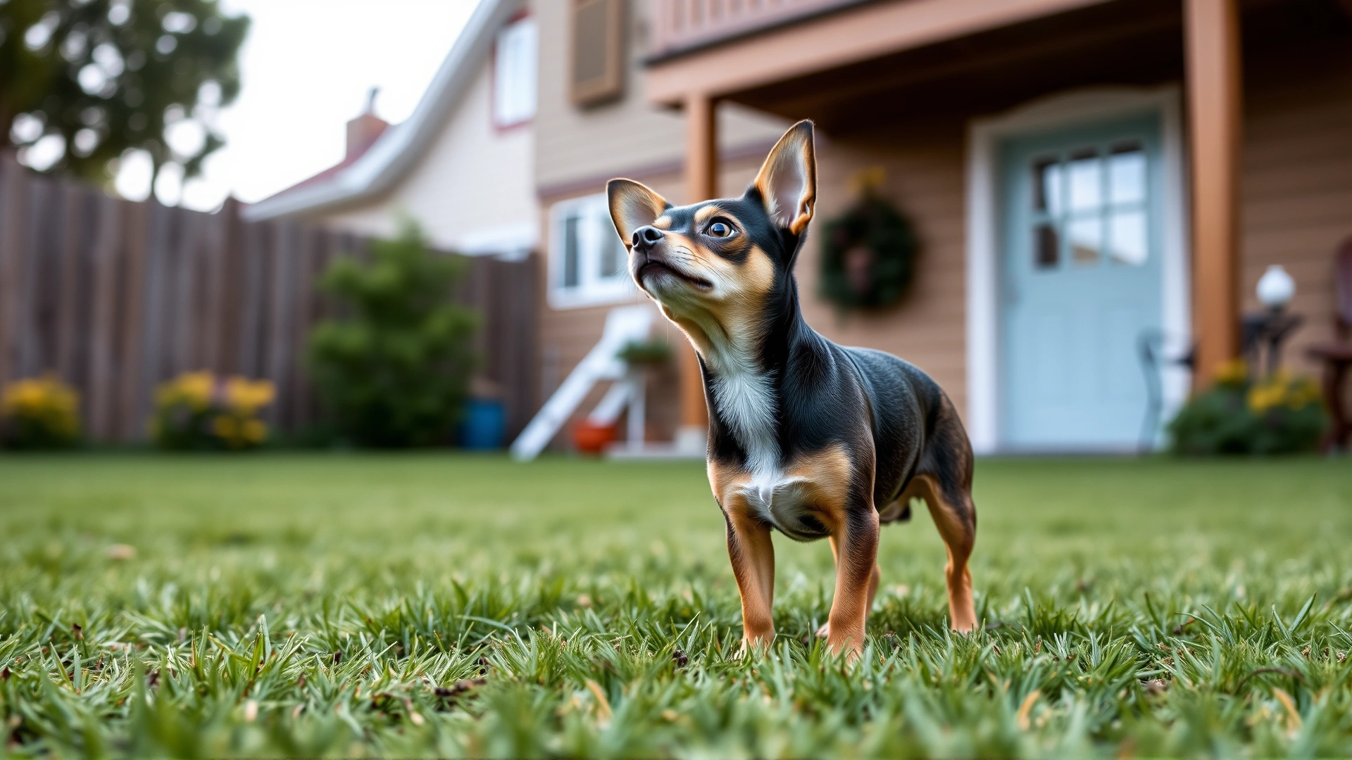 Tiny Chihuahua standing on green grass in a suburban backyard looking upward cautiously