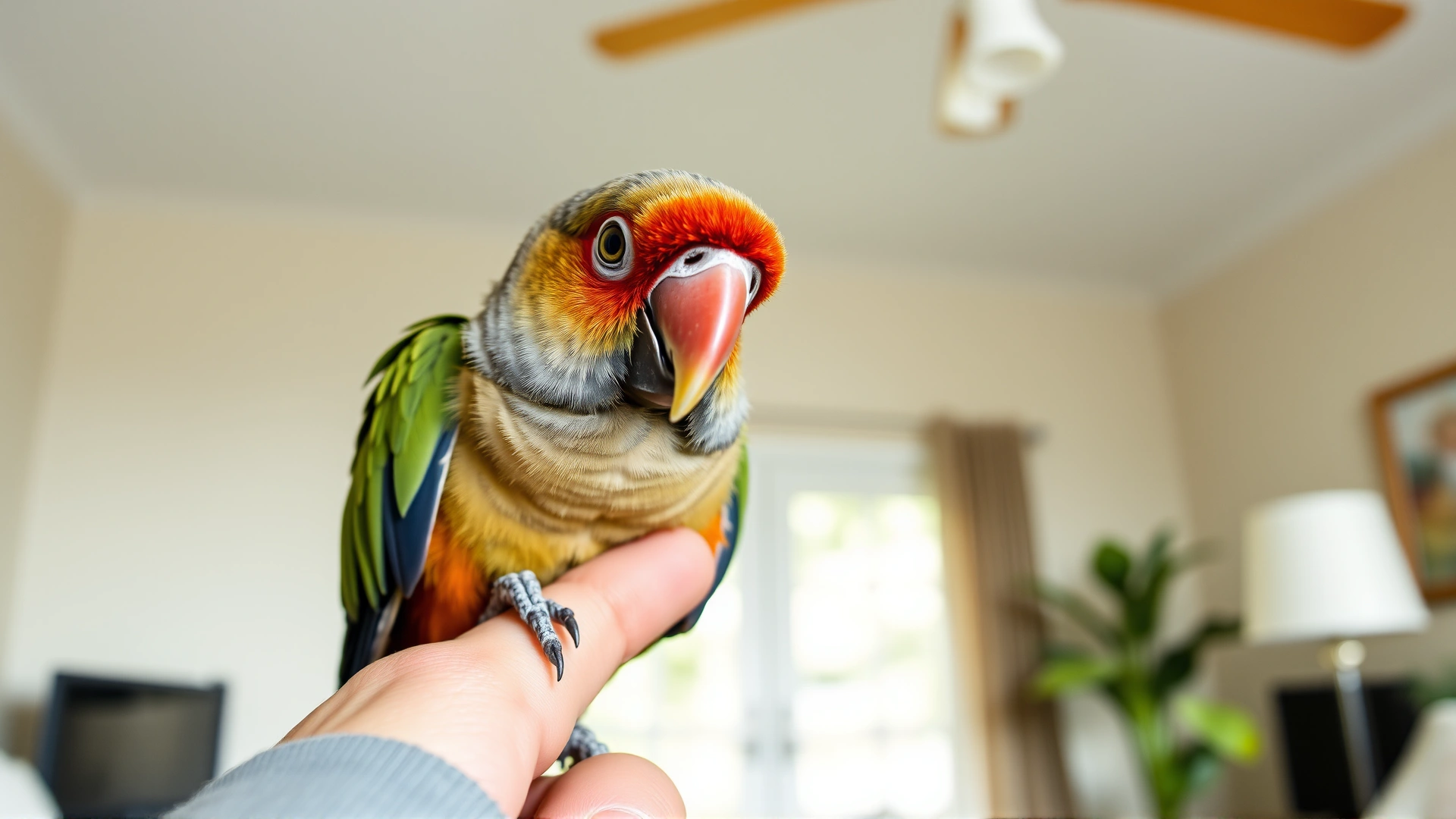 Playful small hookbill parrot perched on its owner's finger, looking directly at camera, indoor living room scene with bright soft light.