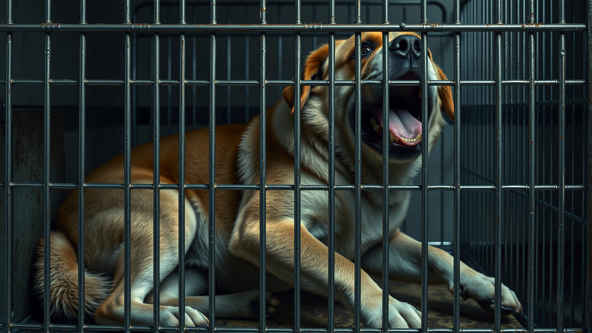 Large dog cramped in a small cage, unable to fully stretch, highlighting inadequate space.