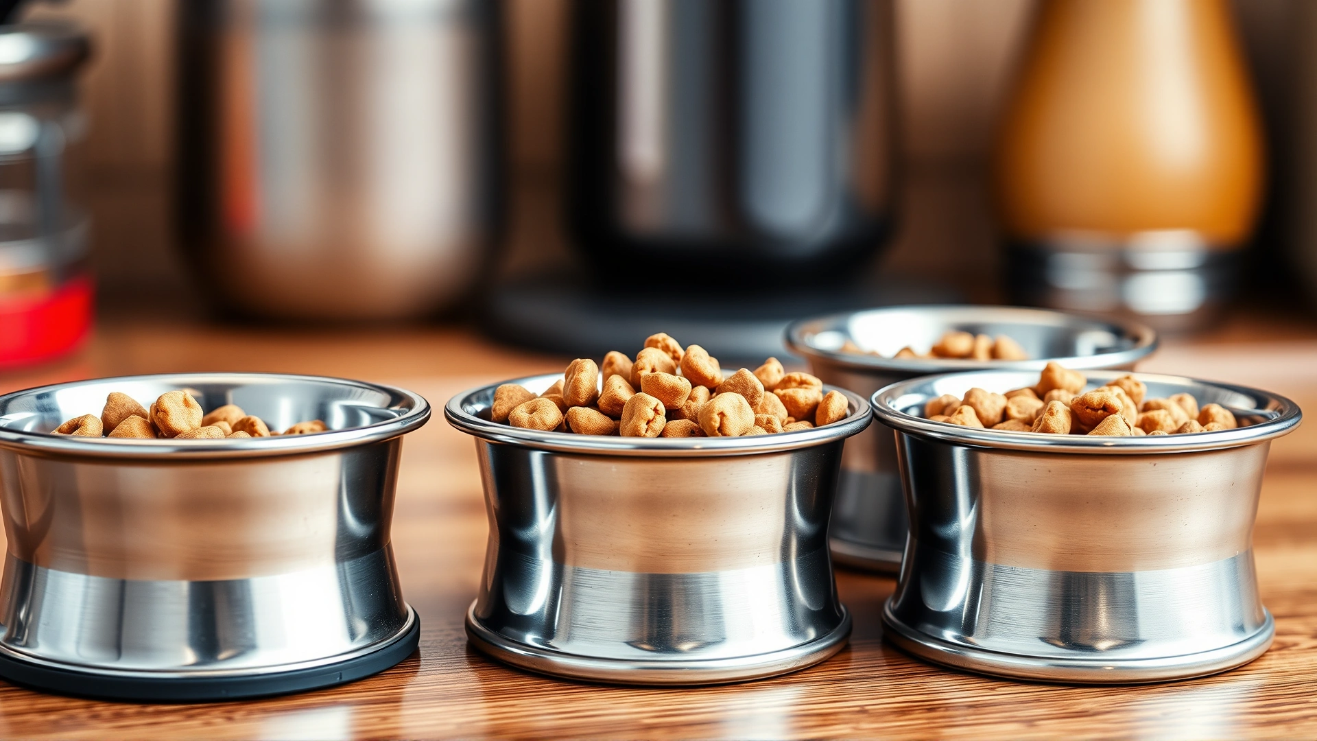 Several small stainless-steel bowls filled with measured portions of dog kibble lined up on a wooden countertop.