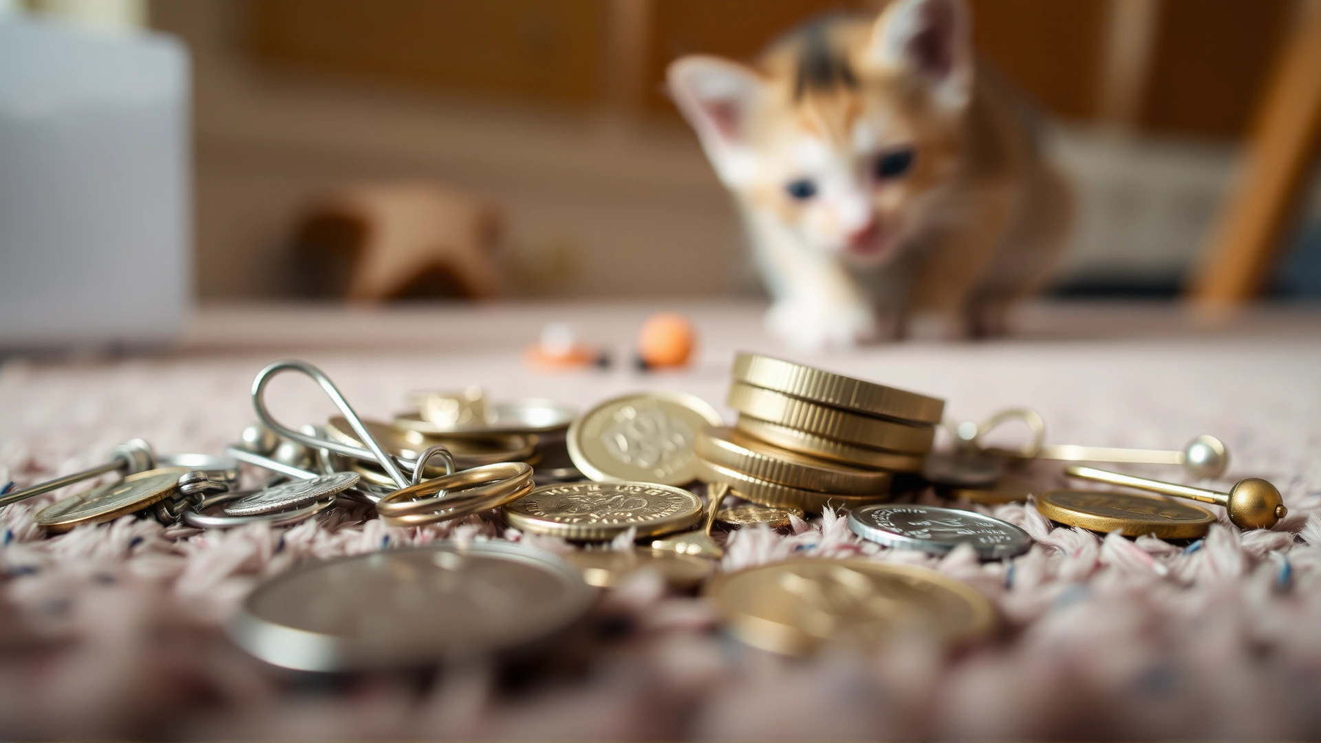 Close-up of assorted small metal objects like coins, safety pins, and jewelry on carpet with kitten in background slightly out of focus