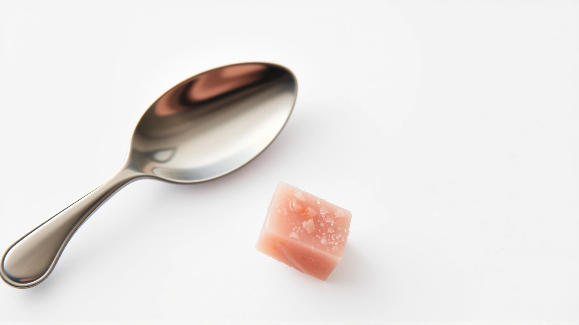 Tiny single cube of ham placed next to a teaspoon for scale on a white background.