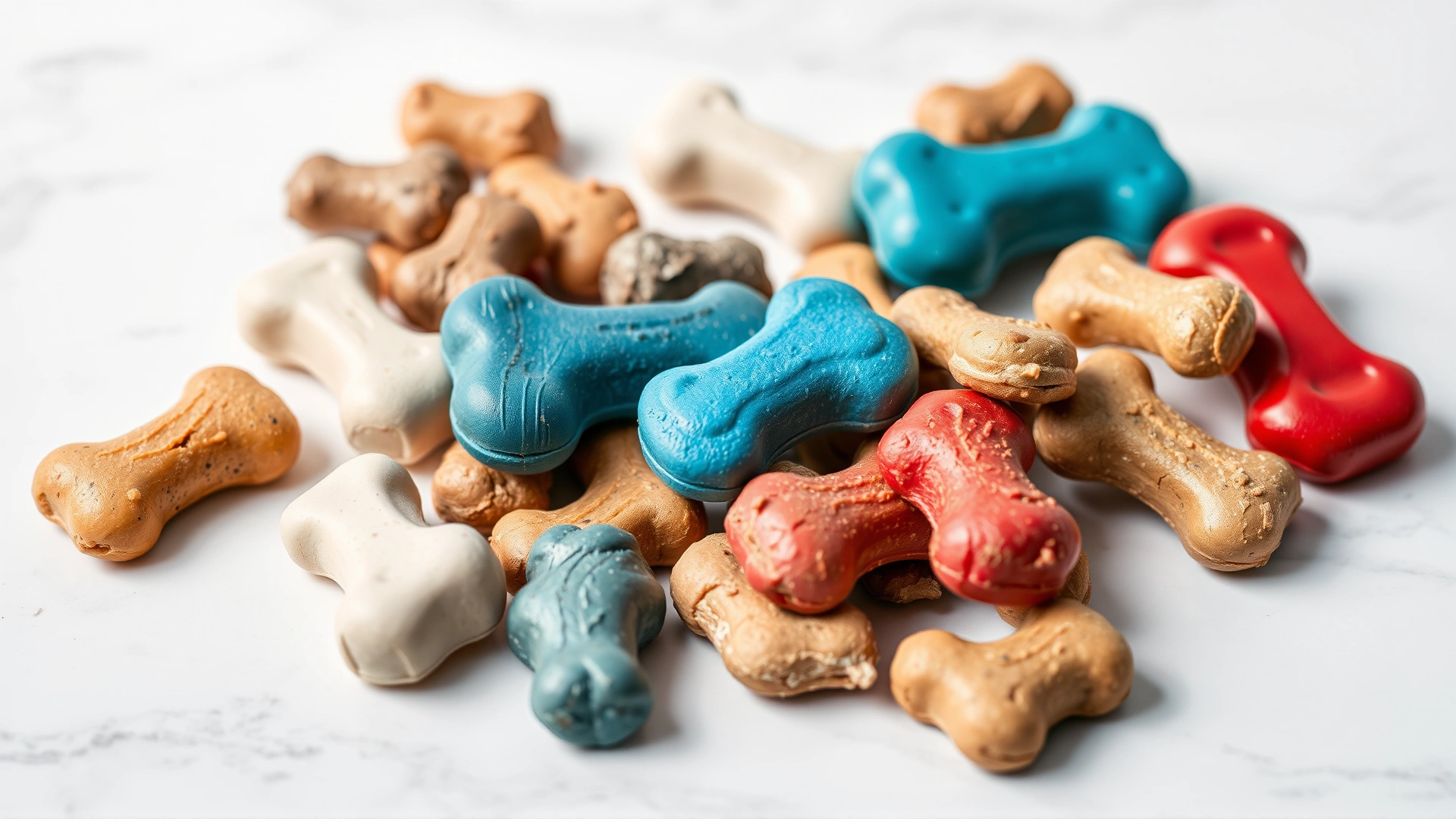 Close-up shot of assorted bite-sized dog training treats in various colors and textures scattered neatly on a white marble surface. Soft natural lighting, no text.