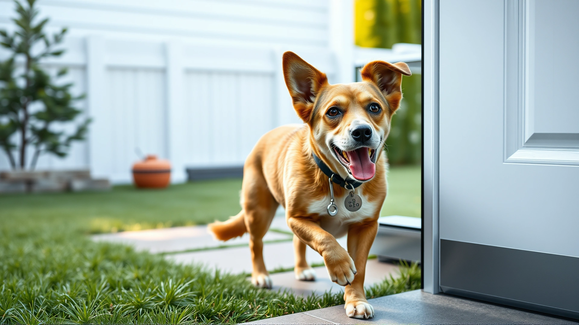 Dog walking through an automatic smart pet door that recognizes an RFID tag; backyard visible in background