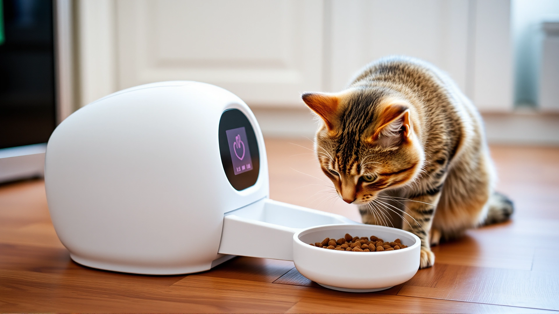 A domestic short-hair cat eating from a white, app-controlled smart feeder on a kitchen floor. The feeder’s digital screen is softly illuminated.