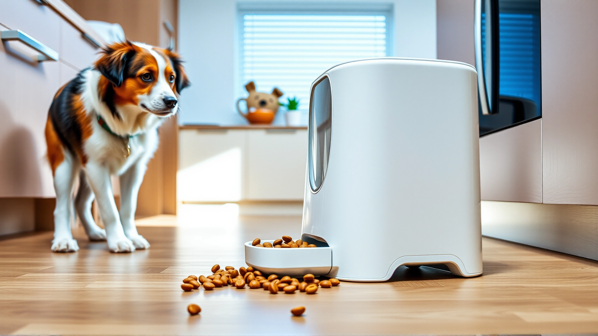 Modern automatic pet feeder dispensing kibble on a kitchen floor while a curious dog watches; bright indoor lighting